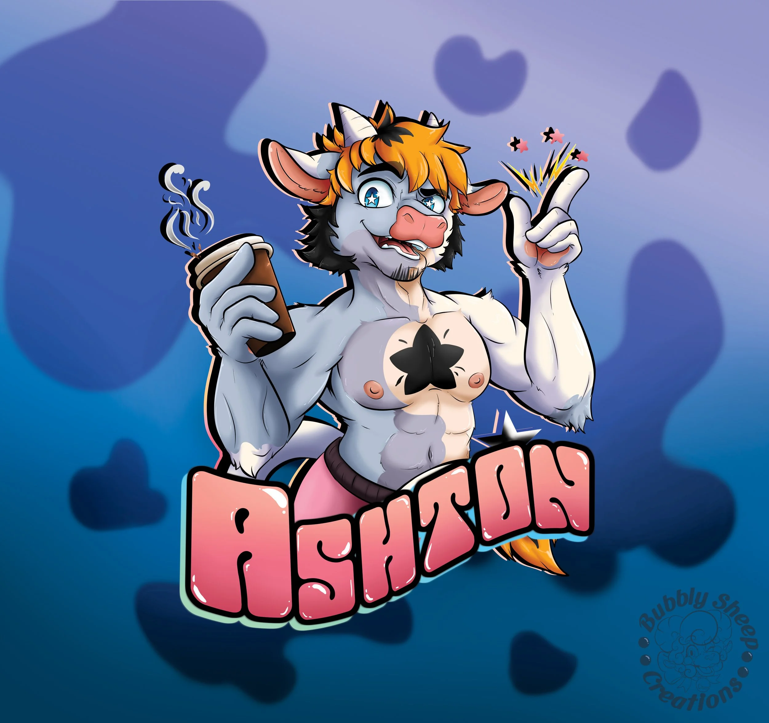An anthropomorphic cow character with orange hair, a pink nose, and starry eyes, holding a steaming coffee cup in one hand and a sparkler in the other, smiling with a playful expression. The character is shirtless, revealing a black four-leaf clover 