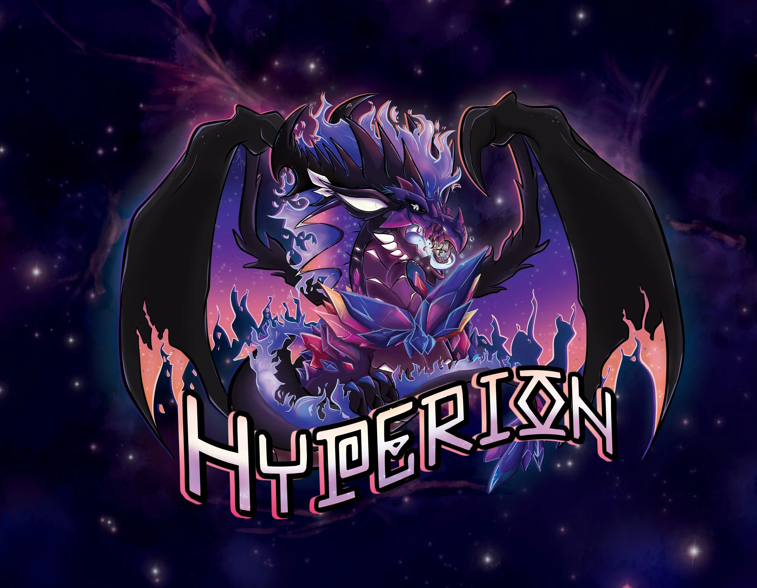 A digital illustration of a fierce, purple and black dragon with glowing white eyes, wings spread, surrounded by a cosmic space background with stars and nebulae. The dragon has fiery, electric hair and is twisting around a stylized logo that reads '