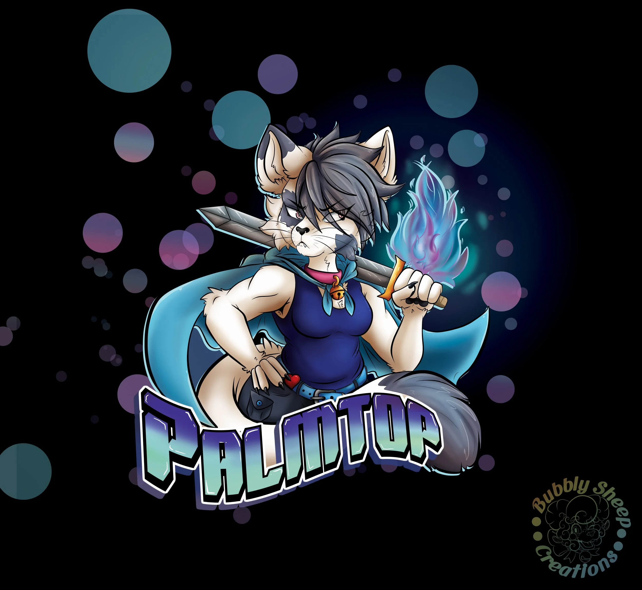 Anthropomorphic wolf character with messy gray hair, wearing a blue tank top, black shorts, a blue cape, and holding a flaming blue sword, with the word 'PALMITO' in stylized text below and floating circles in the background.