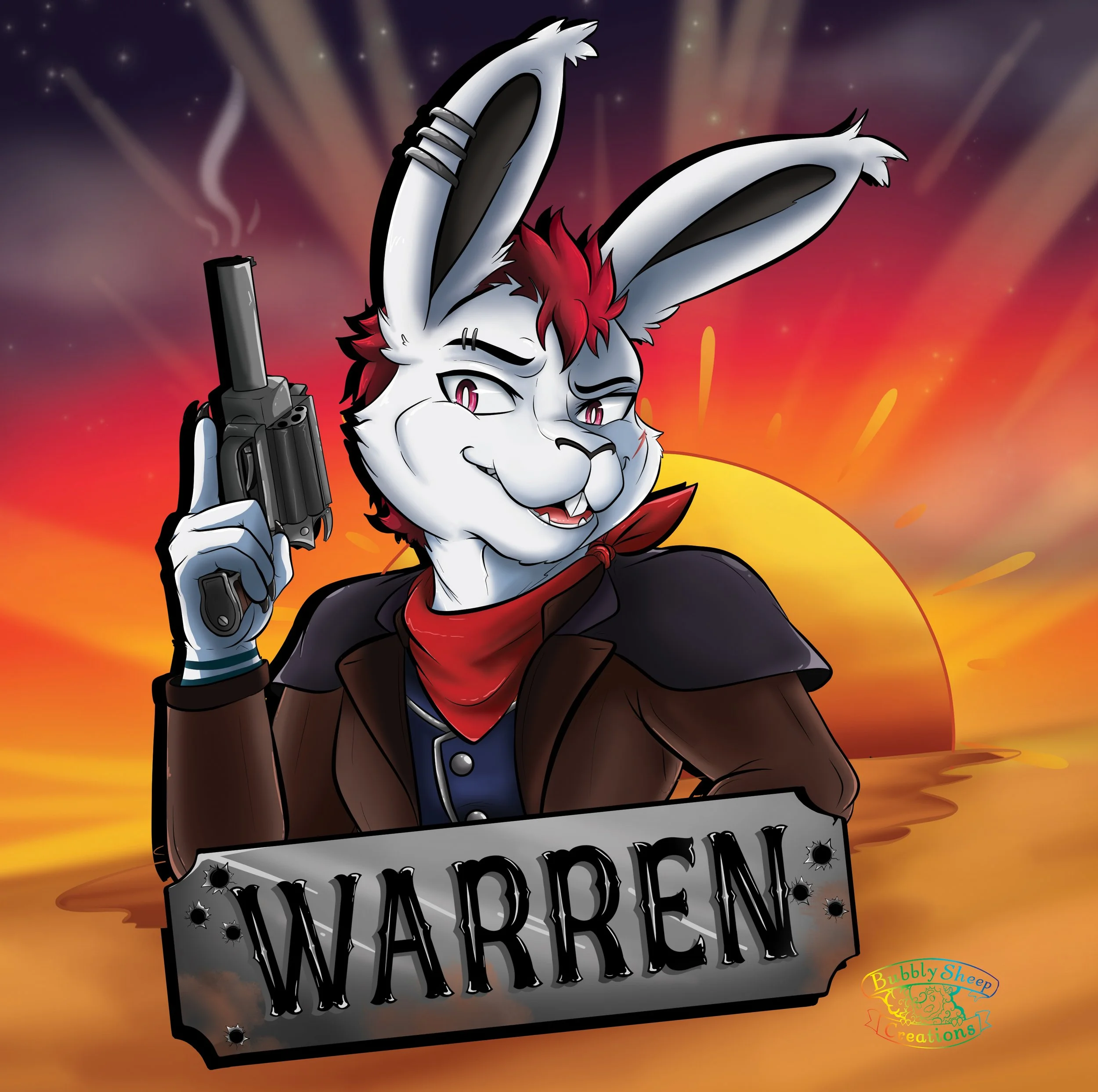 Anthropomorphic rabbit character with red hair, holding a gun, standing in front of a sunset with a sign that says 'Warren'.