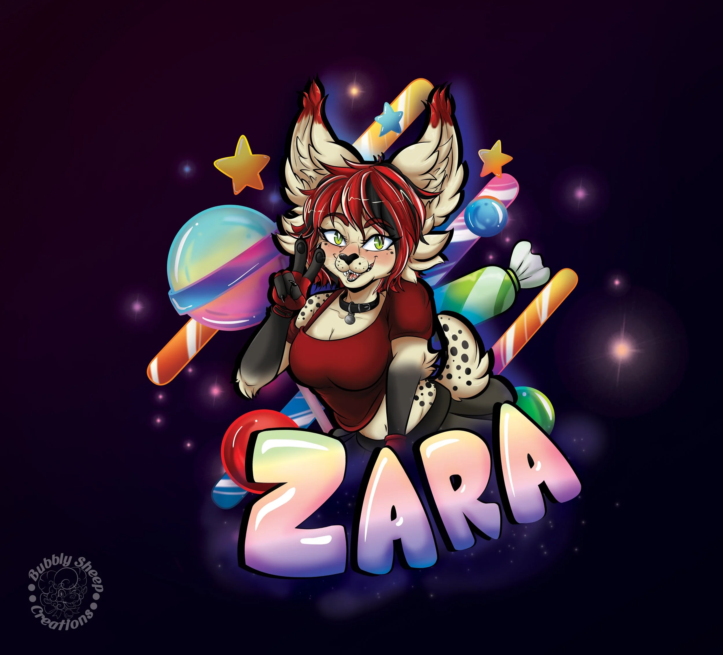 A colorful digital illustration of an anthropomorphic cheetah girl with red hair, green eyes, and animal features, surrounded by candies and planets, with the name 'Zara' in rainbow letters. She is making a peace sign and smiling cheerfully.