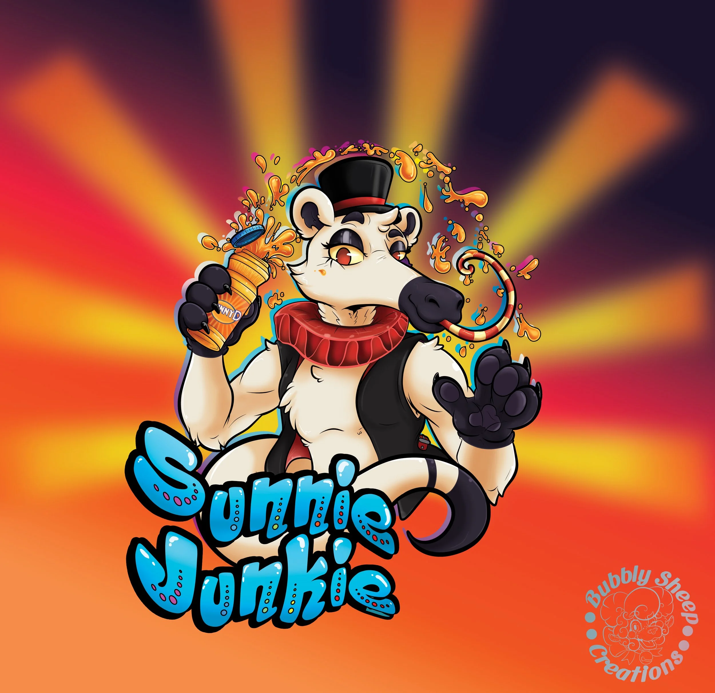 Anthropomorphic cow dressed in a circus performer outfit, holding popcorn, with colorful background and the text 'Sunnie Junkie'.