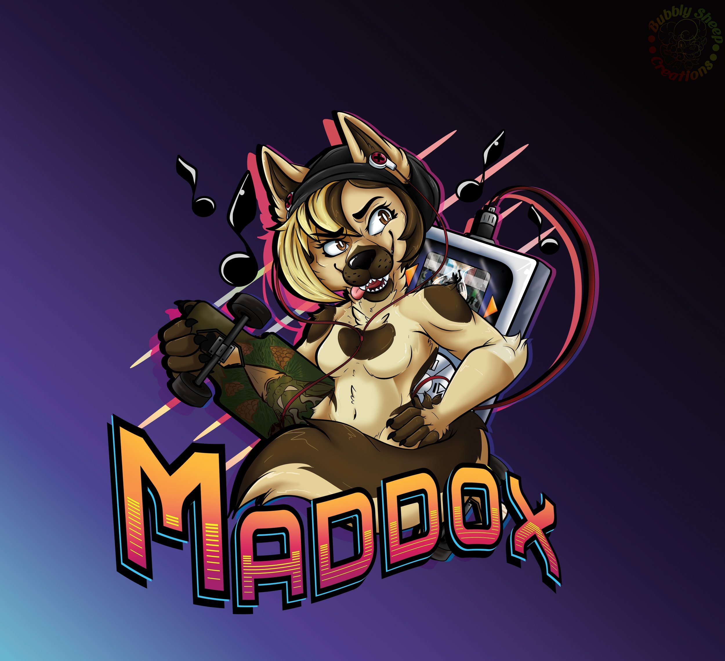 Digital illustration of an anthropomorphic female dog character with a blonde hairstyle, wearing a black hat with red accents, headphones, and armed with a gaming controller. The character is shirtless with cybernetic tattoos, standing in front of a 