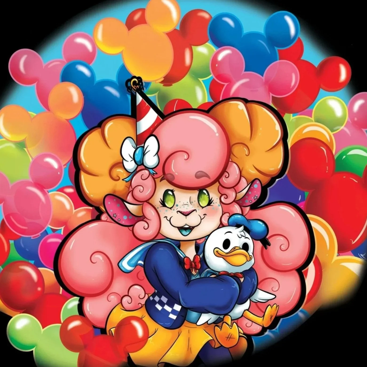 Colorful, cartoon-style image of a pink horned ram "Savy" with curly hair, wearing a party hat and holding a white duck, surrounded by multicolored balloons.