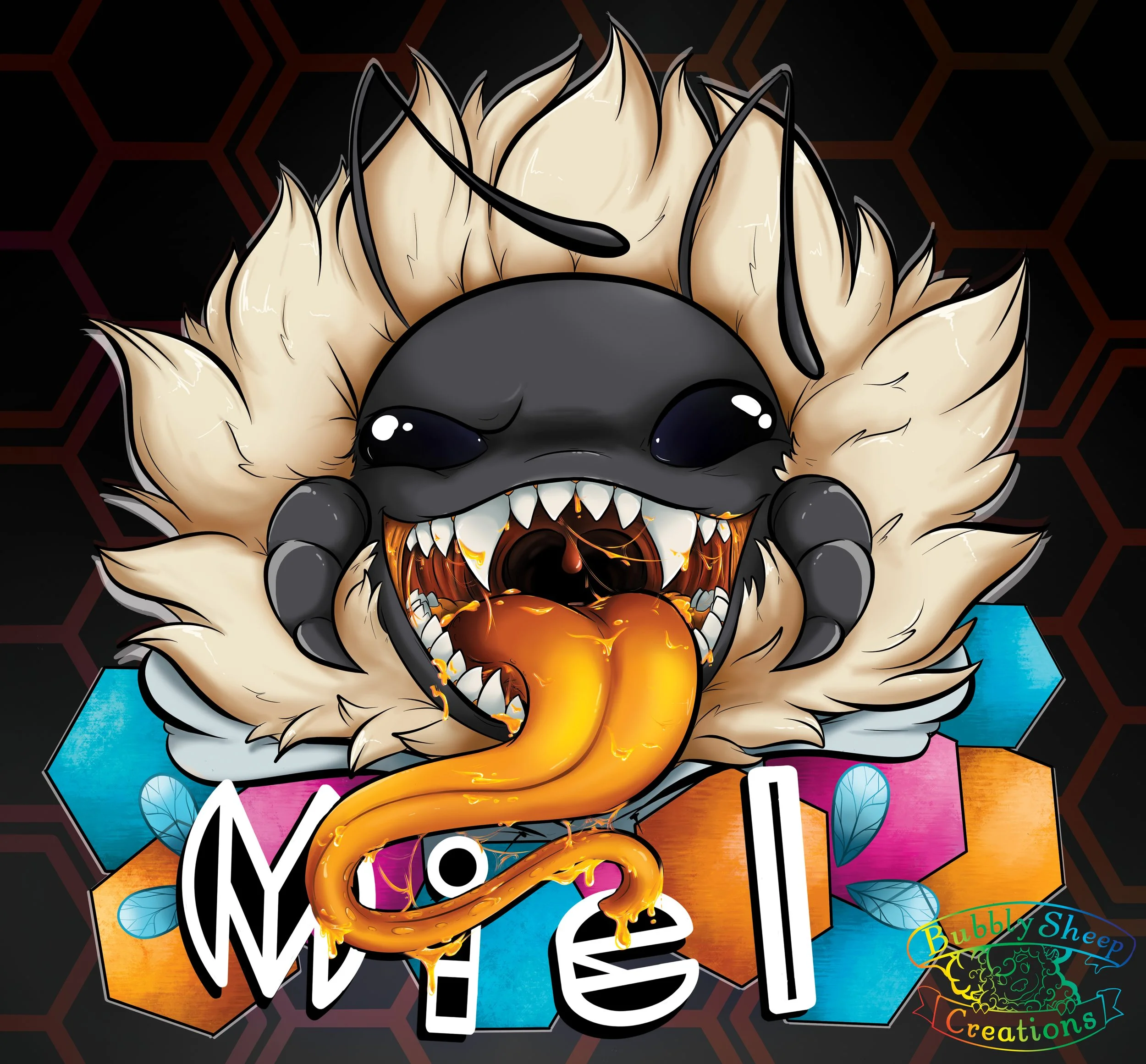 Digital illustration of a creature with a black head, large dark eyes, sharp teeth, and a long dripping tongue, surrounded by a fluffy beige mane and set against a black background with red hexagonal patterns. The creature is positioned above colorfu