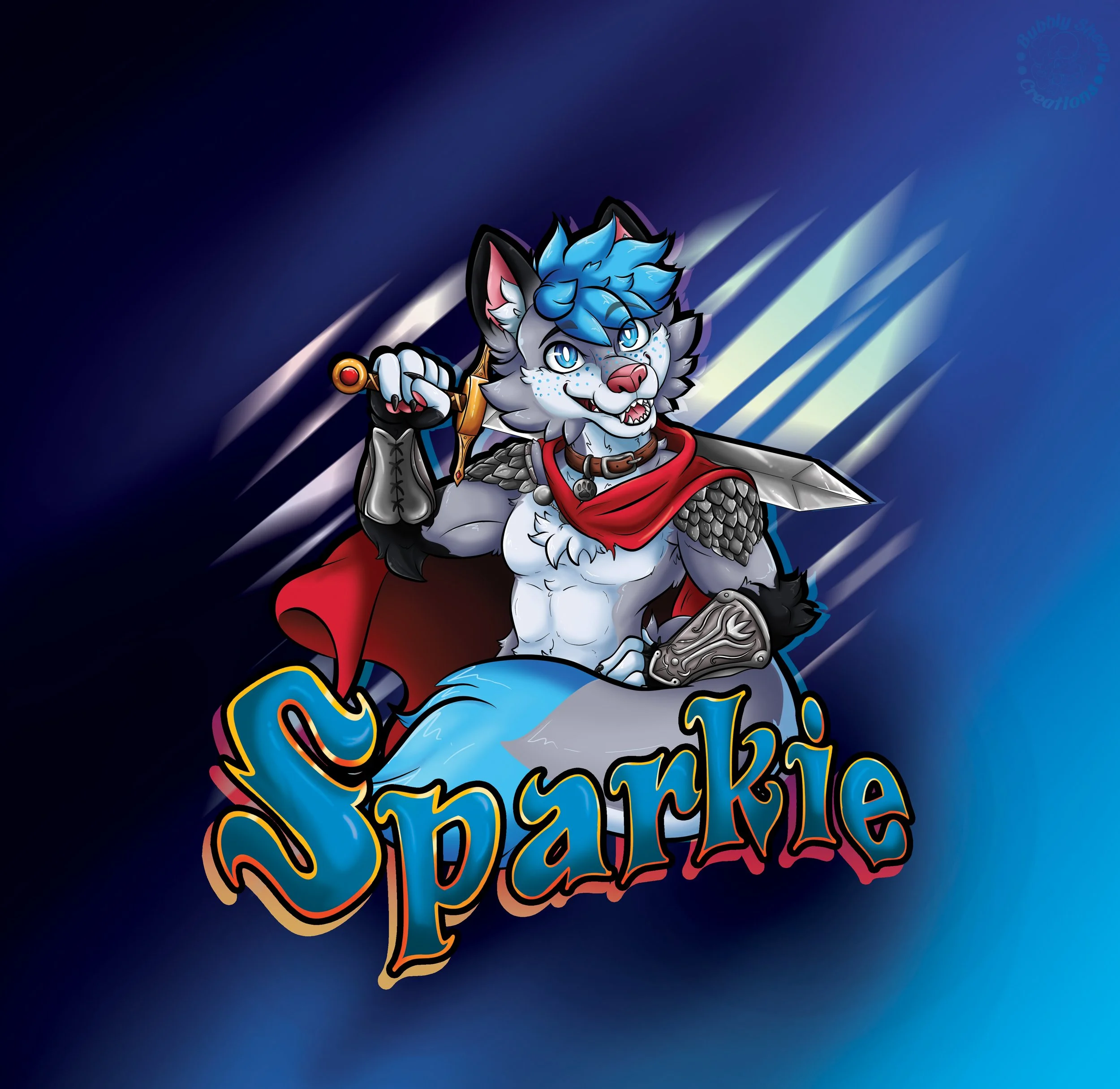 A cartoon anthropomorphic wolf character with blue hair, holding a sword over its shoulder, wearing armor with scales, a red cape, and a collar with a bell. The name "Sparkie" is written in colorful, stylized letters at the bottom. The background is 