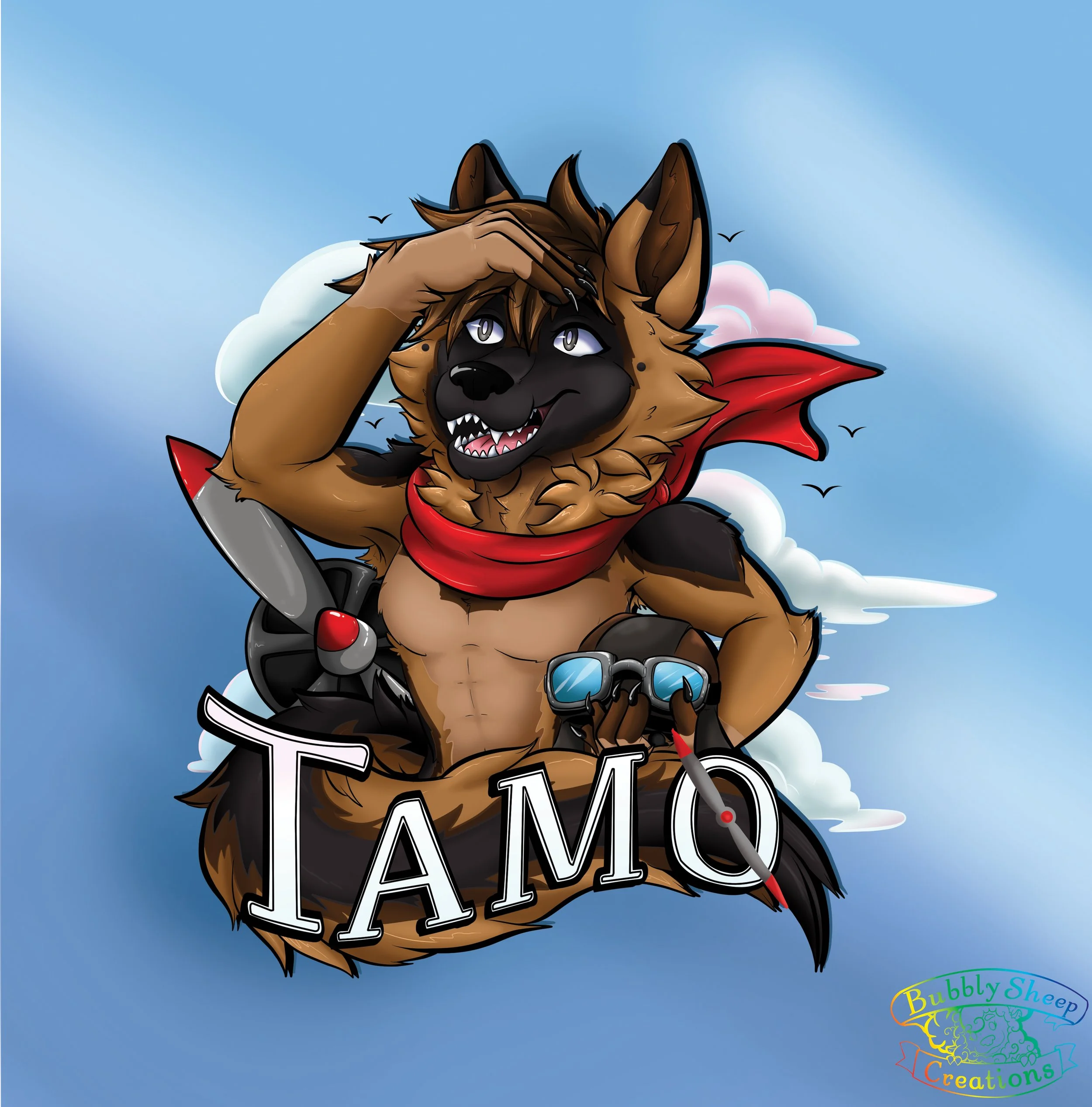 An anthropomorphic German Shepherd figure with brown fur, black markings, and purple eyes, wearing a red cape. The figure is saluting with one hand and holding a pair of blue goggles in the other, standing in front of a background of clouds and birds