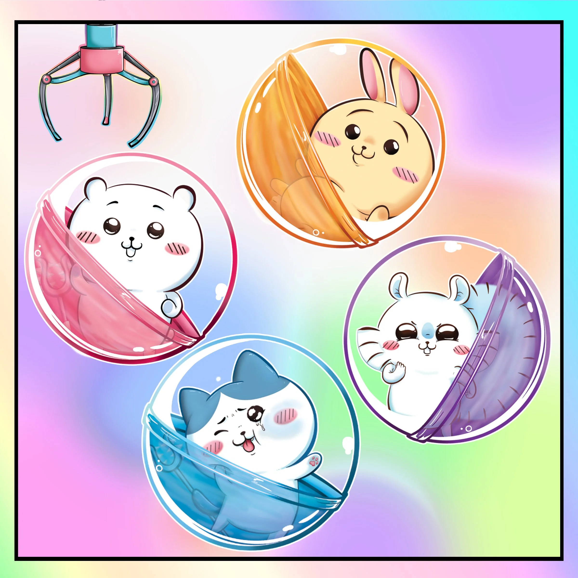 Four cartoon animals in colorful bubbles: a white bear in a pink bubble, a brown bunny in an orange bubble, a white koala in a purple bubble, and a gray and white cat in a blue bubble, with a claw machine at the top.
