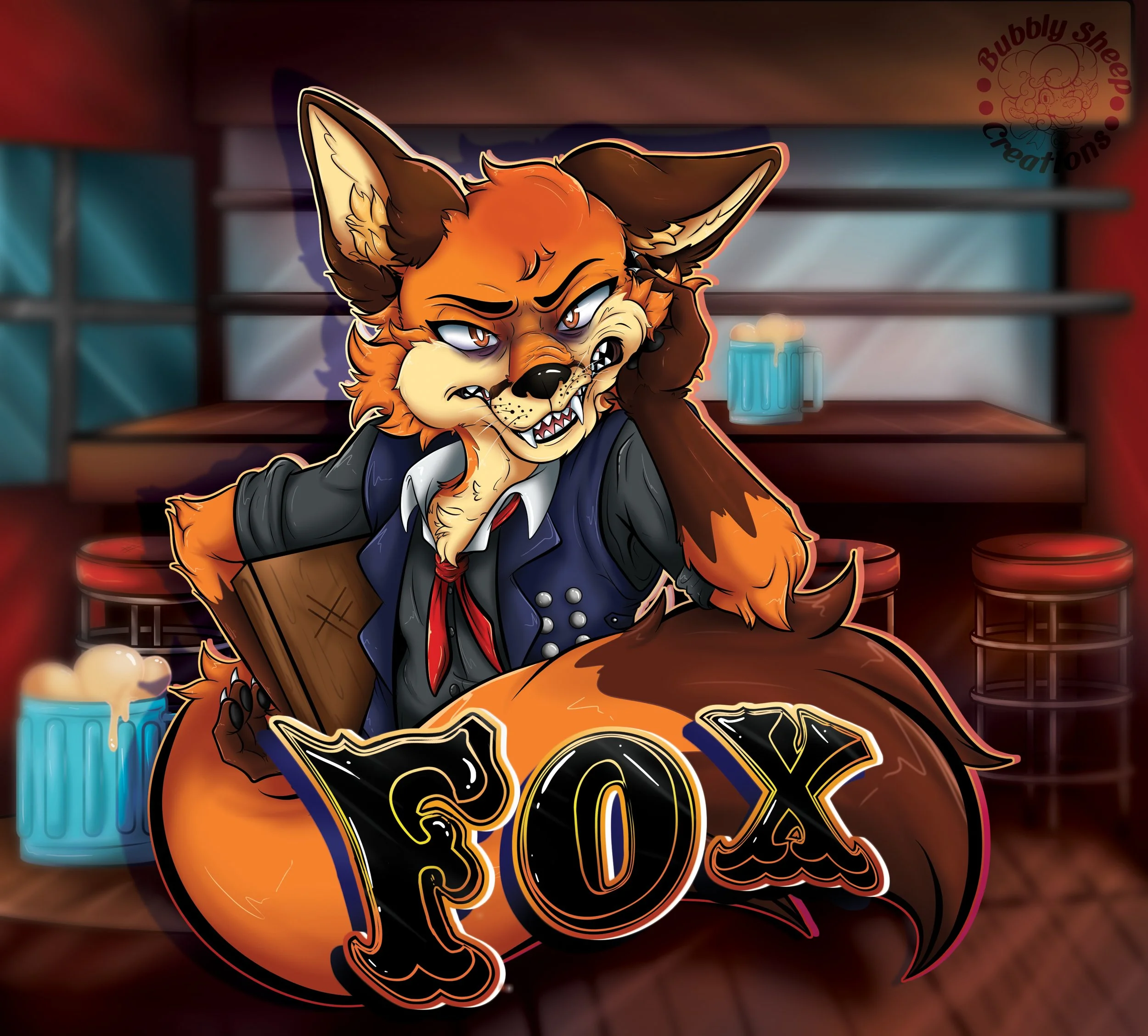 An anthropomorphic fox dressed as a bartender with a stern expression, sitting on a pumpkin-shaped bar with the word 'FOX' on it, in a bar setting with beer mugs in the background.