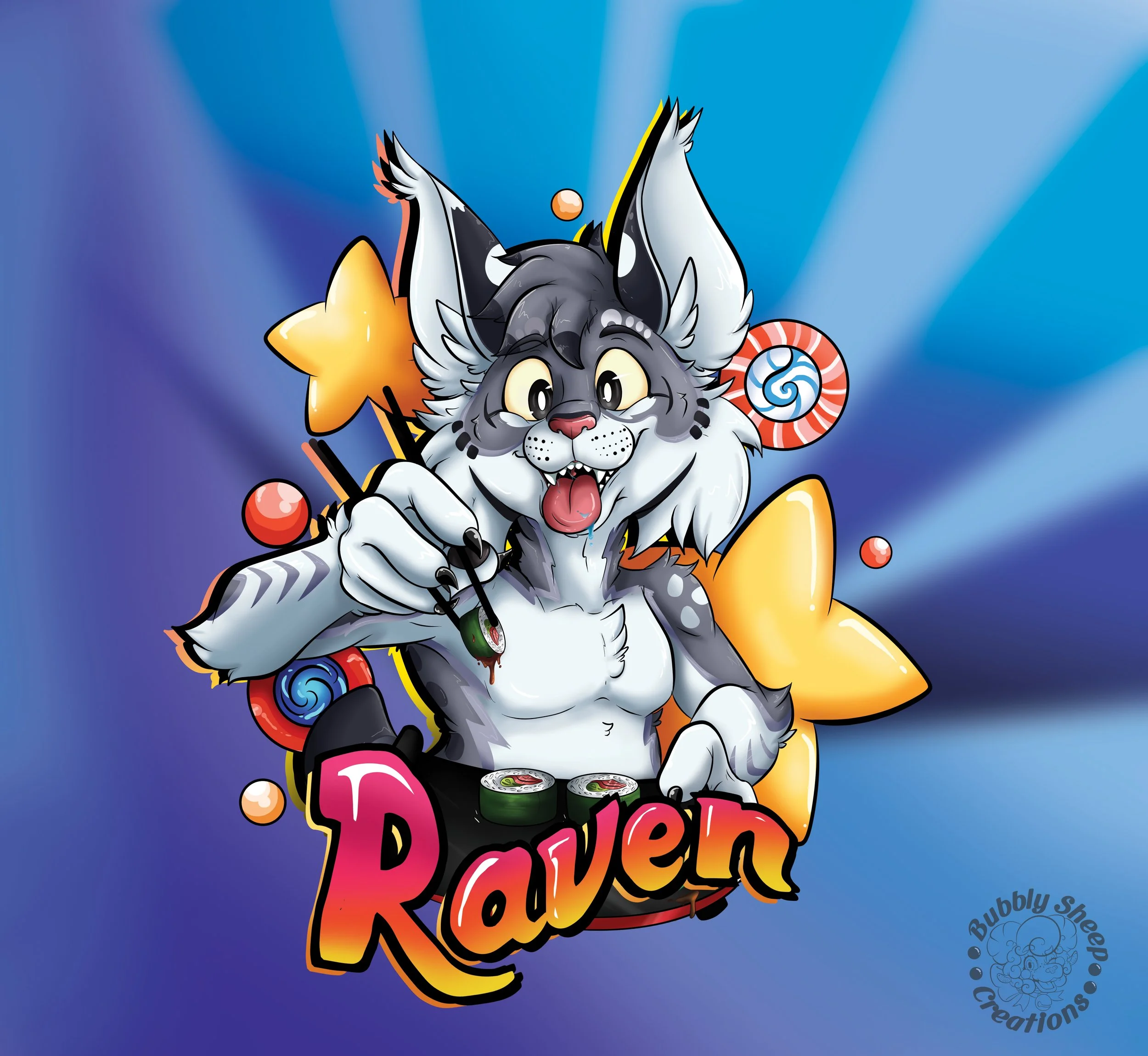 A cartoon anthropomorphic feline character with gray and white fur, holding sushi chopsticks, surrounded by candies and sweets, with the word 'Raven' in colorful letters below.