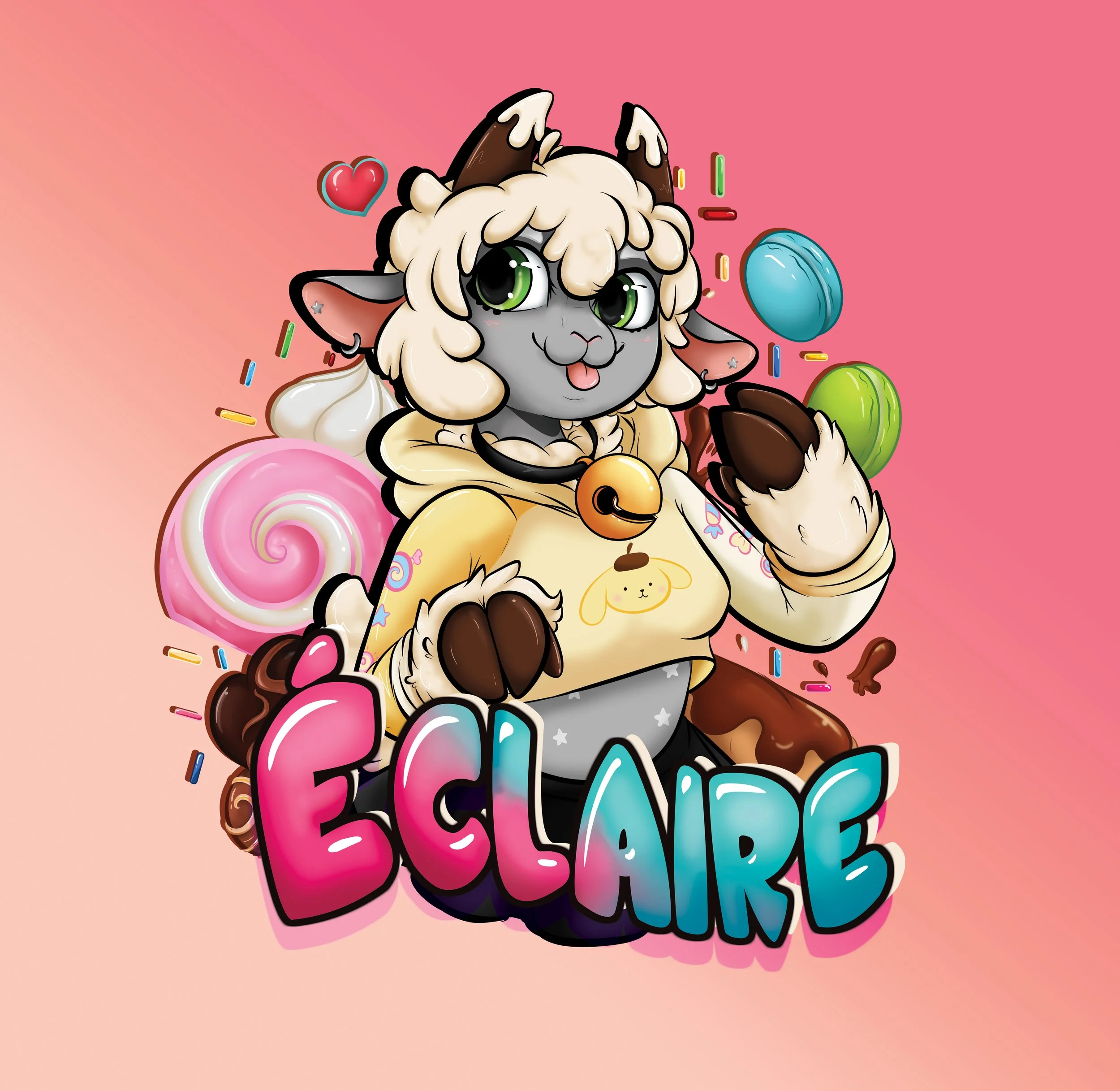 Sheep fursona with fluffy hair, horns, and a collar,  surrounded by colorful sweets and sprinkles, with the name 'ECLARE' in colorful letters.
