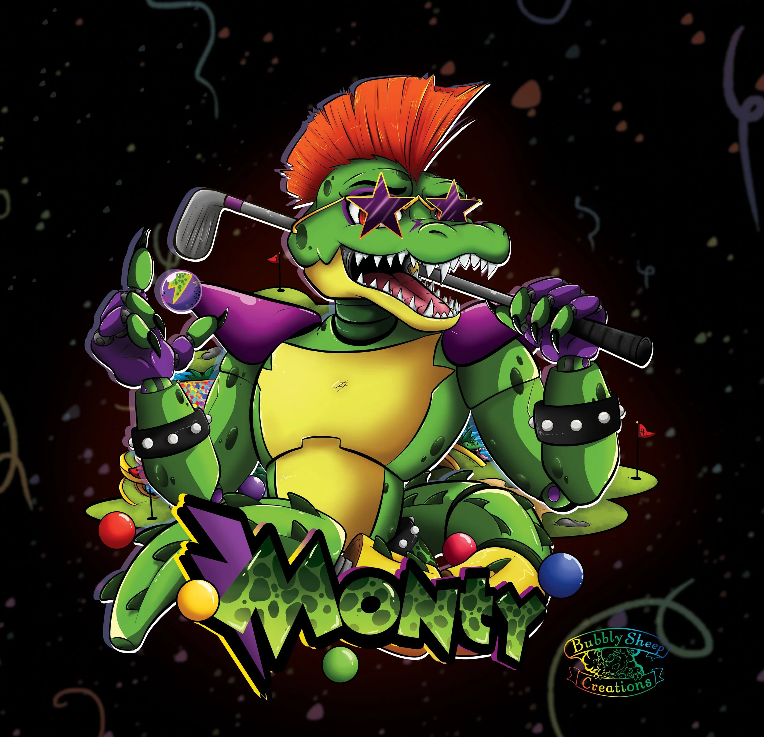Cartoon dinosaur with orange mohawk, star-shaped sunglasses, purple headphones, purple gloves, and holding a golf club. Text 'Money' with colorful balls and a background resembling outer space.