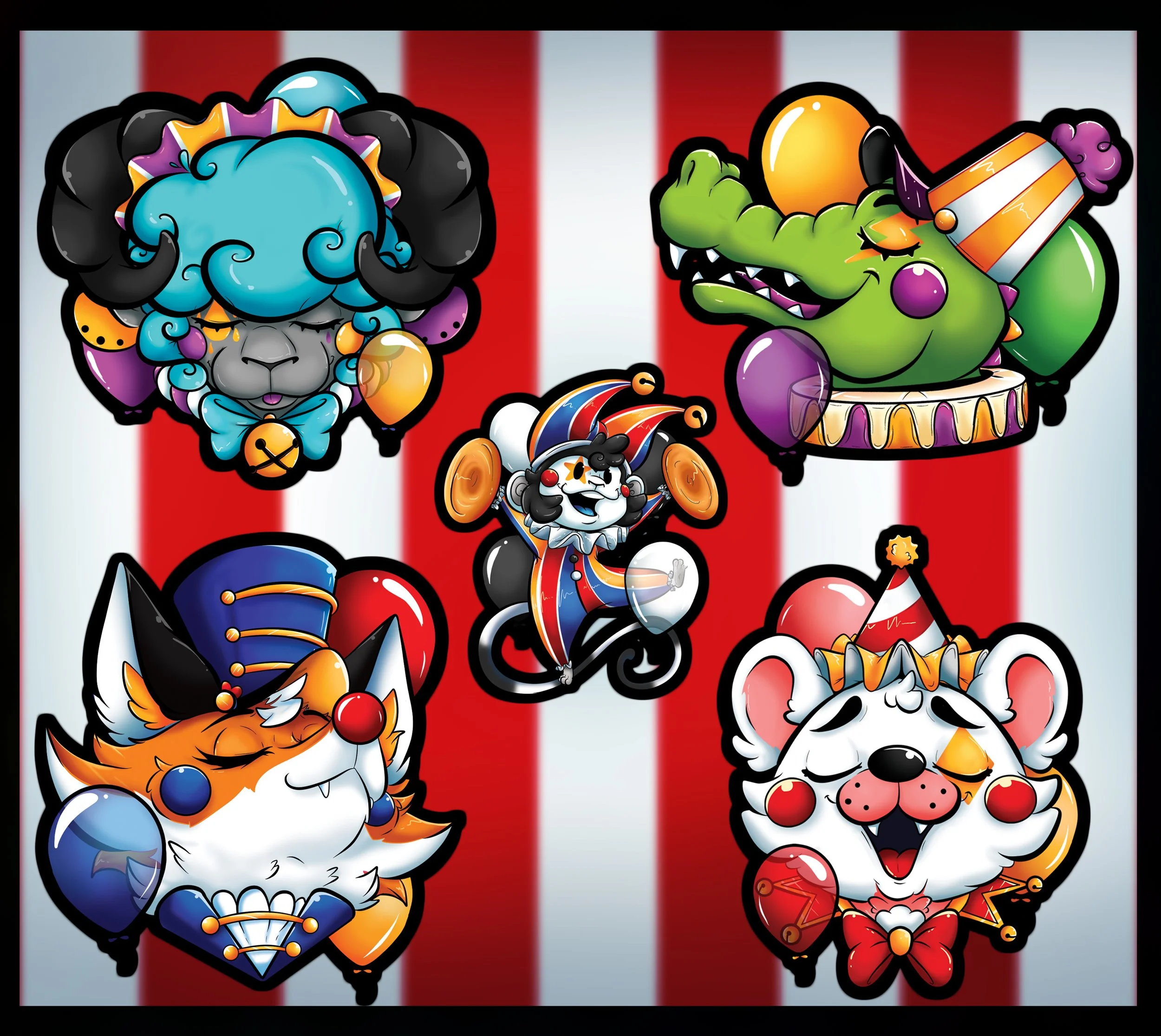 Collection of five colorful cartoon circus animal faces with vibrant costumes and accessories set against a red and white striped background.