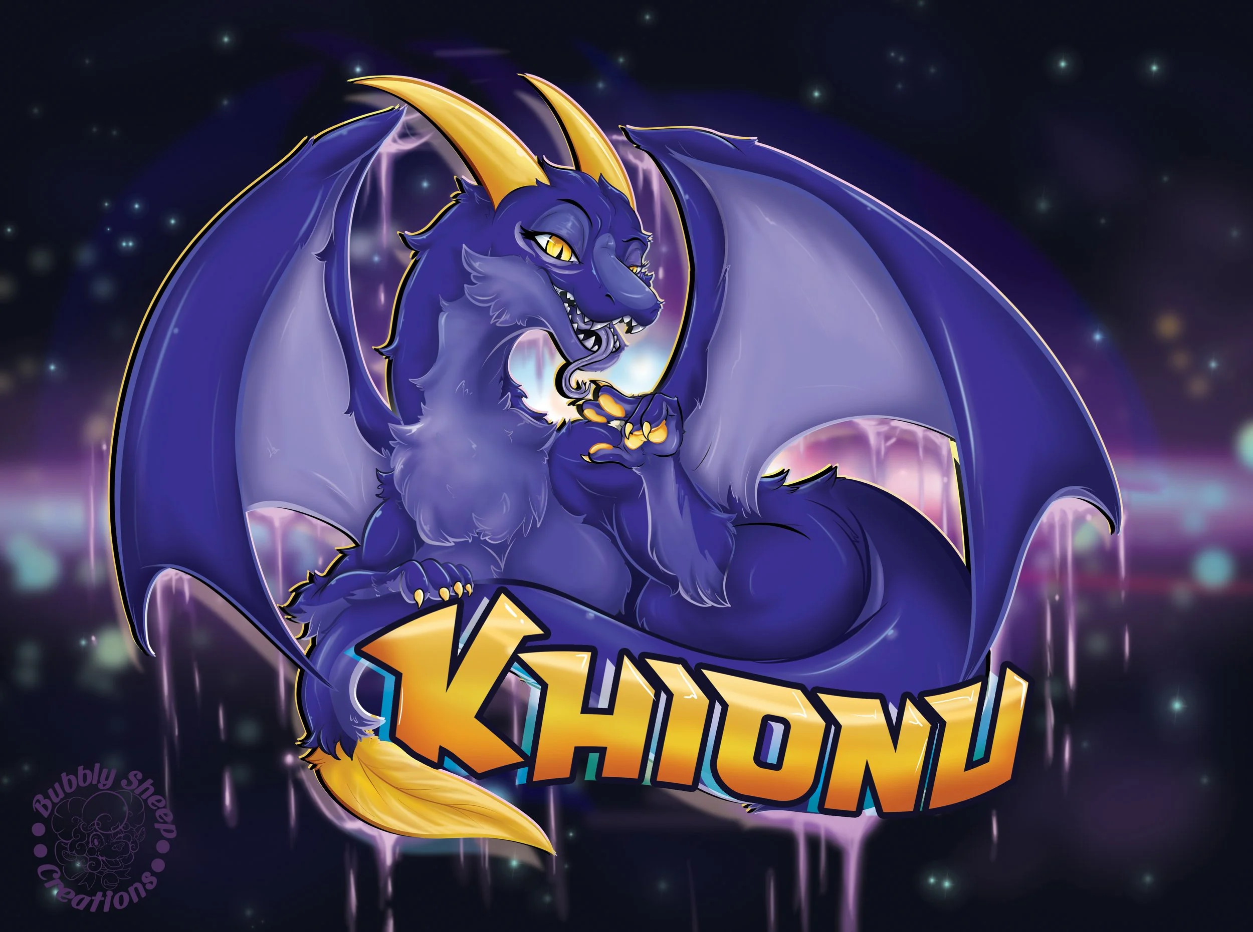 Digital illustration of a blue dragon with yellow horns, gold claws, and yellow eyes, sitting on a glowing sign that reads 'KHONU' in bold, gold font, with a cosmic, starry background and purple glowing effects.