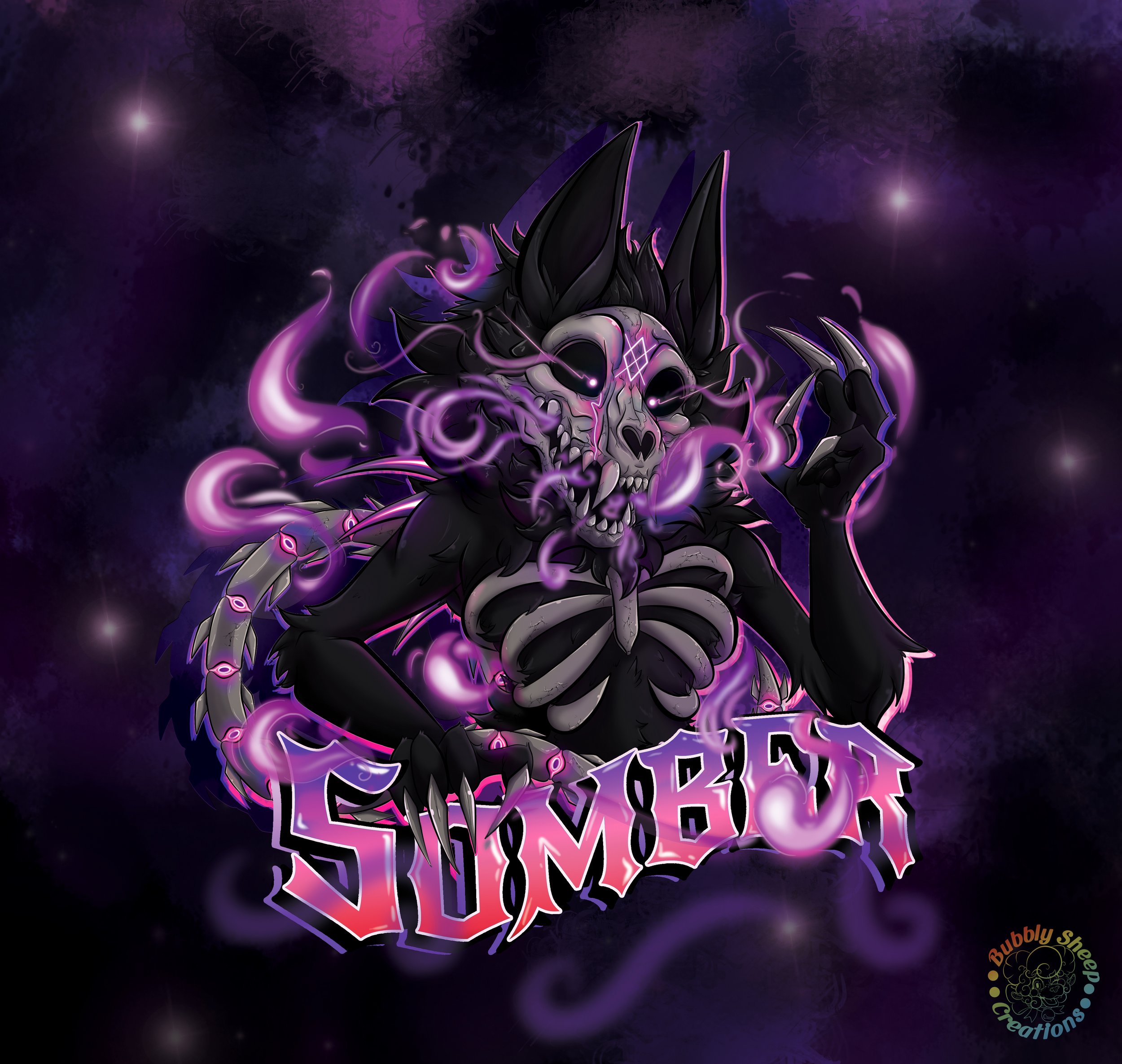 A dark, fantasy-style illustration of a humanoid creature with animal skull face, black fur, and elongated claws, surrounded by purple smoke and glowing purple accents, with the word "SOMBRE" in gothic font at the bottom.