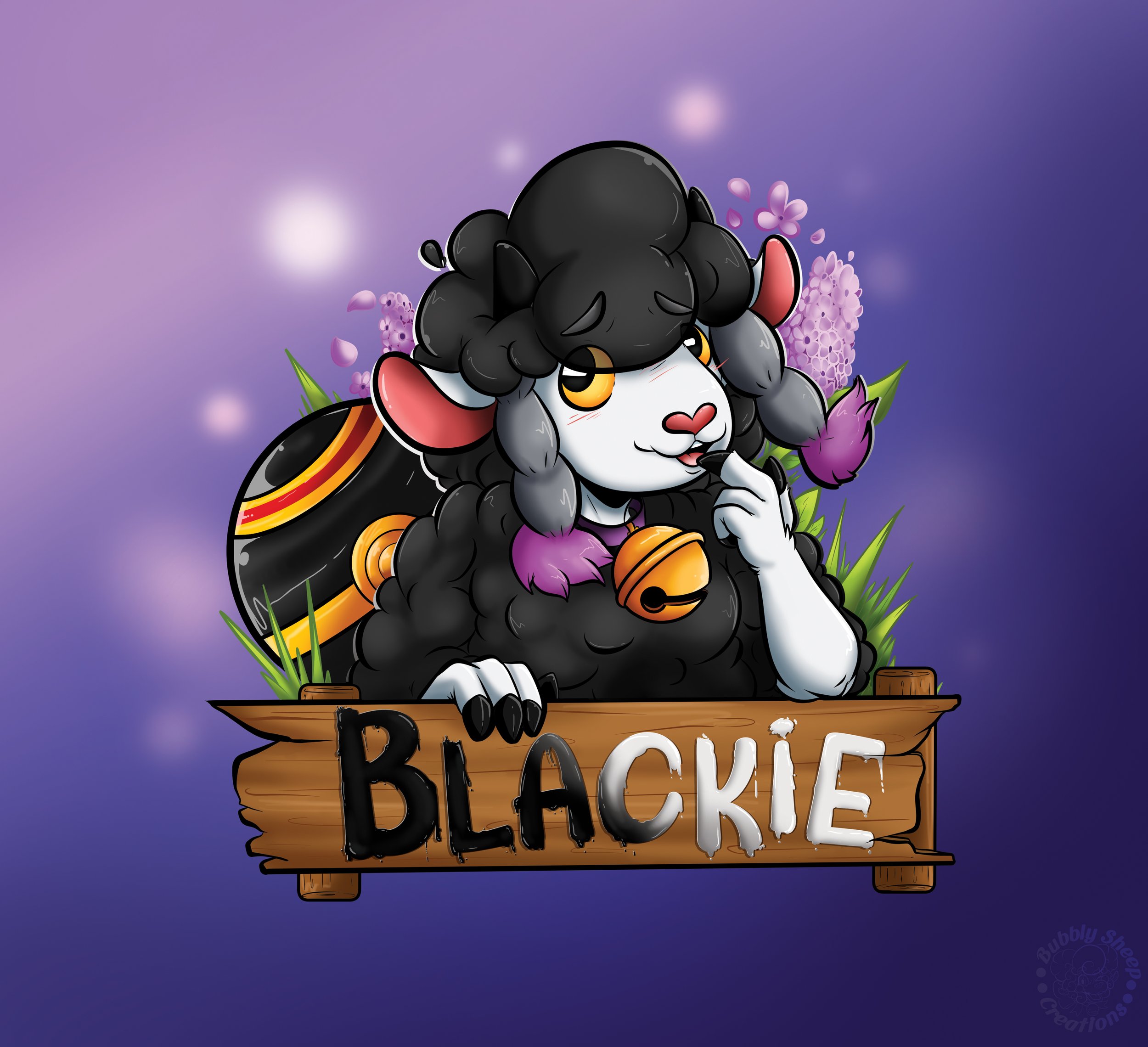 An illustration of a sheep-like character with black curly wool, orange eyes, and pink inner ears, holding a finger to its lips. The character has a small orange bell around its neck, purple flowers in its wool, and a black and orange patterned shell