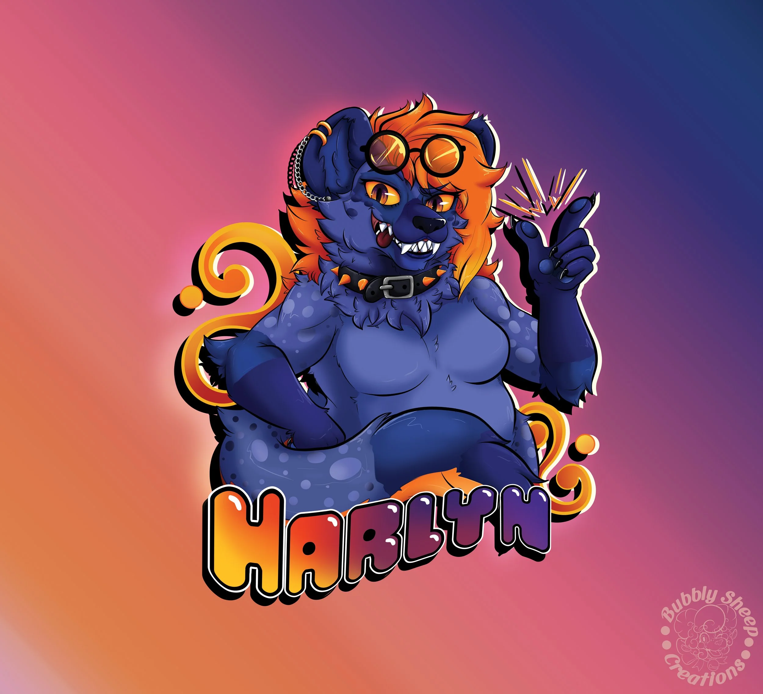 Anthropomorphic blue lion character with orange mane, wearing glasses, a spiked collar, and holding a sparkler. The character has a mischievous expression with sharp teeth exposed. Background has a pink, purple, and orange gradient, with stylized swi