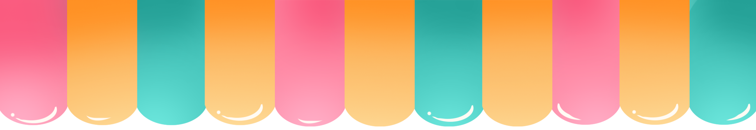 Colorful pastel-striped background with vertical pink, orange, teal, and yellow bands, with small white smiley faces at the bottom of each band.