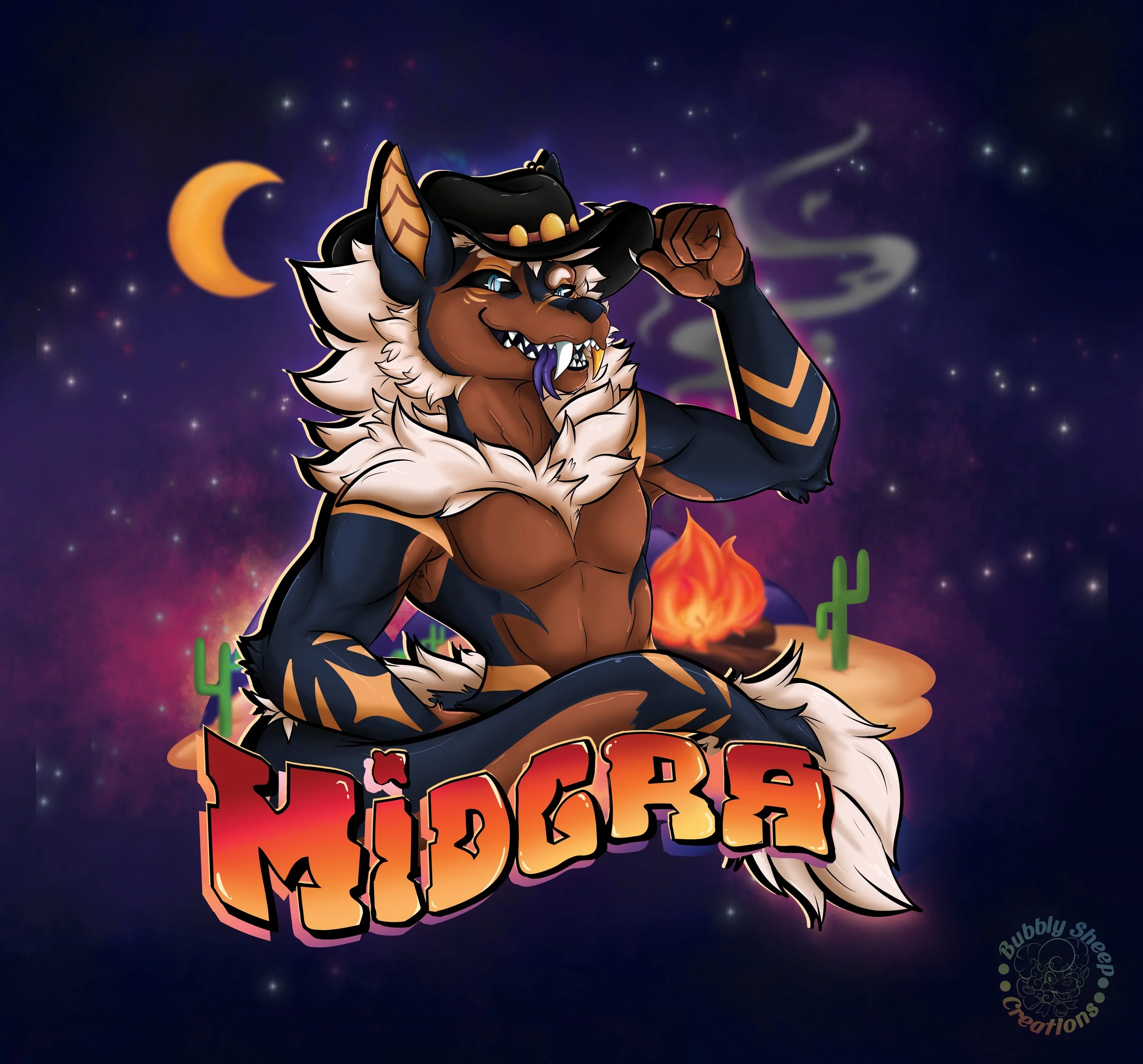 Illustration of a humanoid animal character named Midgra, with a mix of wolf and tiger features, wearing a cowboy hat, sitting in a desert scene at night with a crescent moon, cactus, and campfire, with the name 'Midgra' in bold, colorful letters.