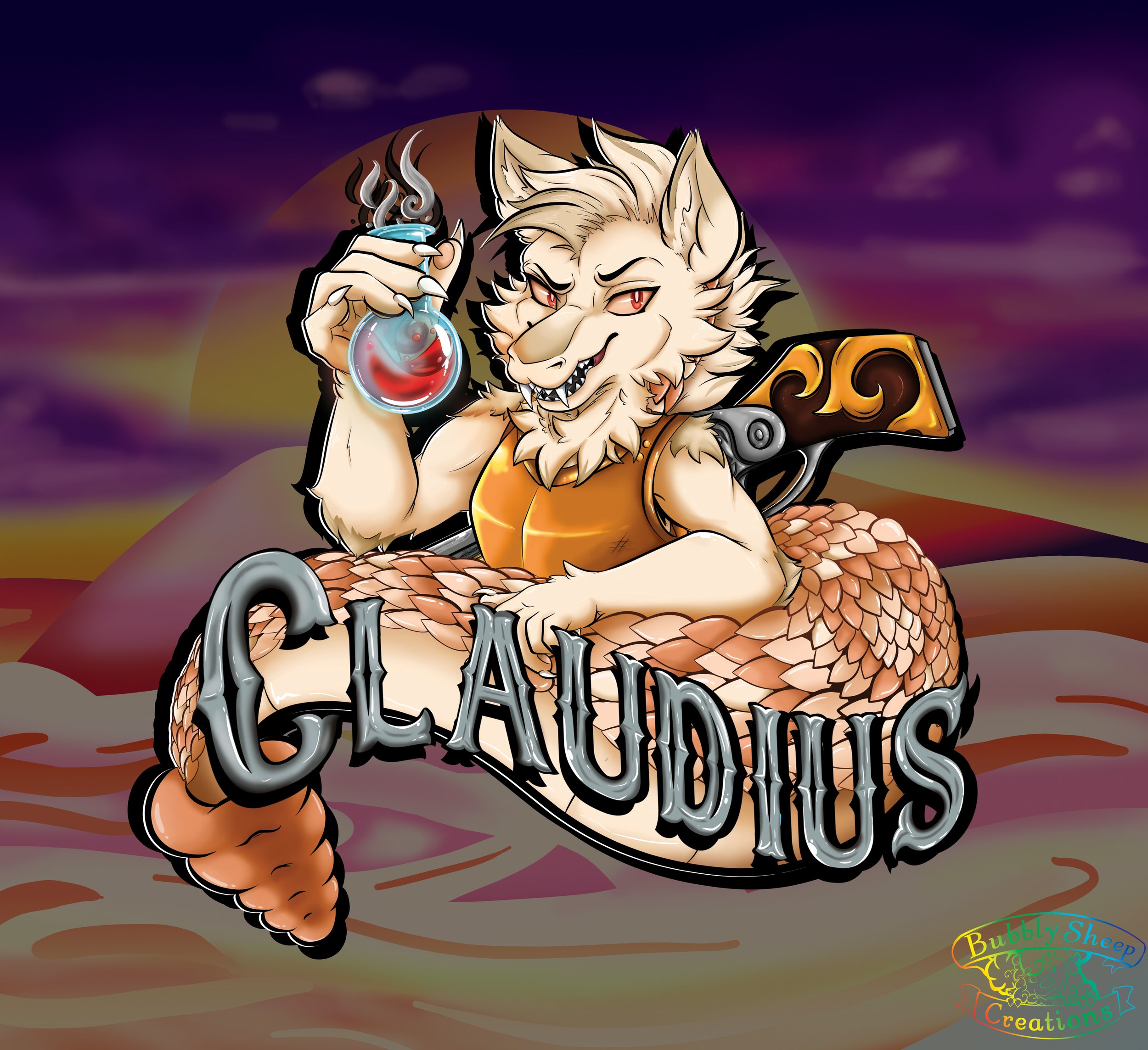 Illustration of a lion with a humanoid body holding a potion with red liquid. The lion has a mischievous expression and a tail that resembles a fish tail. The text 'CLAUDIUS' is displayed in front. The background features a sunset or sunrise over hil