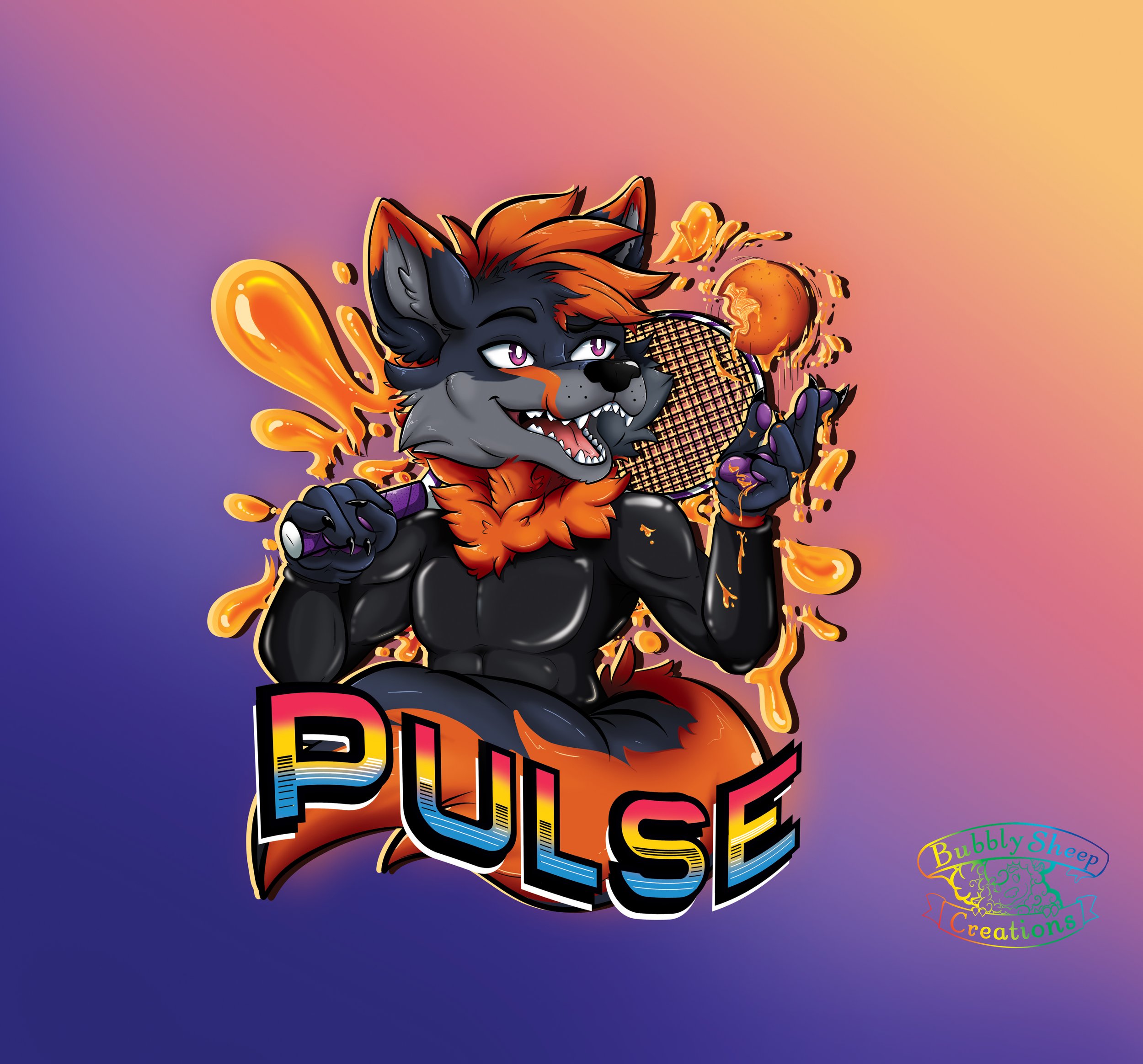 An anthropomorphic fox character with black and orange fur, purple eyes, and a mischievous smile, holding a tennis racket and a ping pong ball. The background has a colorful gradient, and the character is surrounded by splashes of orange liquid. The 