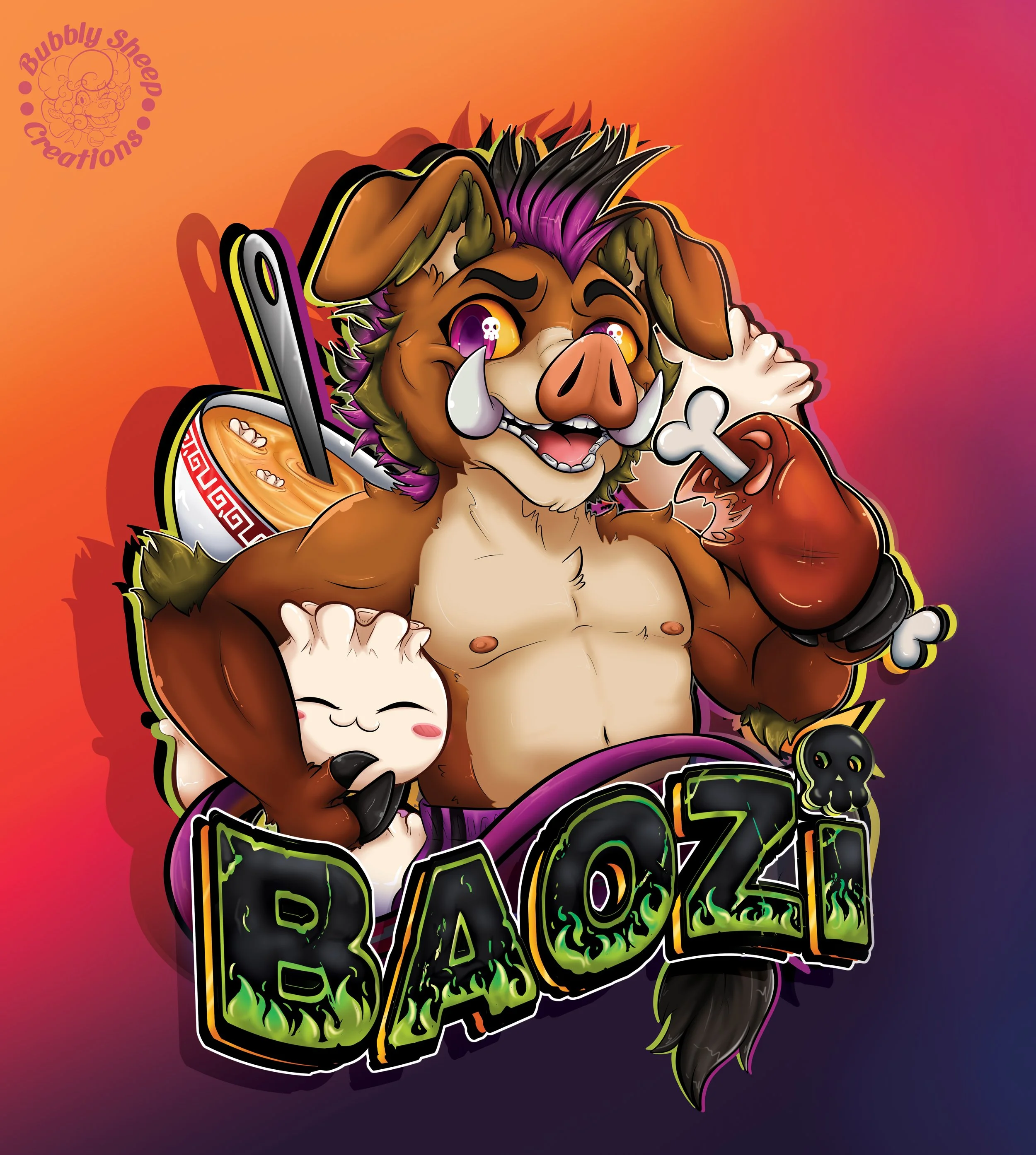 A cartoon anthropomorphic boar with purple hair, holding a chicken leg, and sitting on a motorcycle with a banner reading 'BAZOOKA'. The boar is smiling, with big tusks, and yellow eyes. There is a bowl of ramen behind the boar and a small smiling an