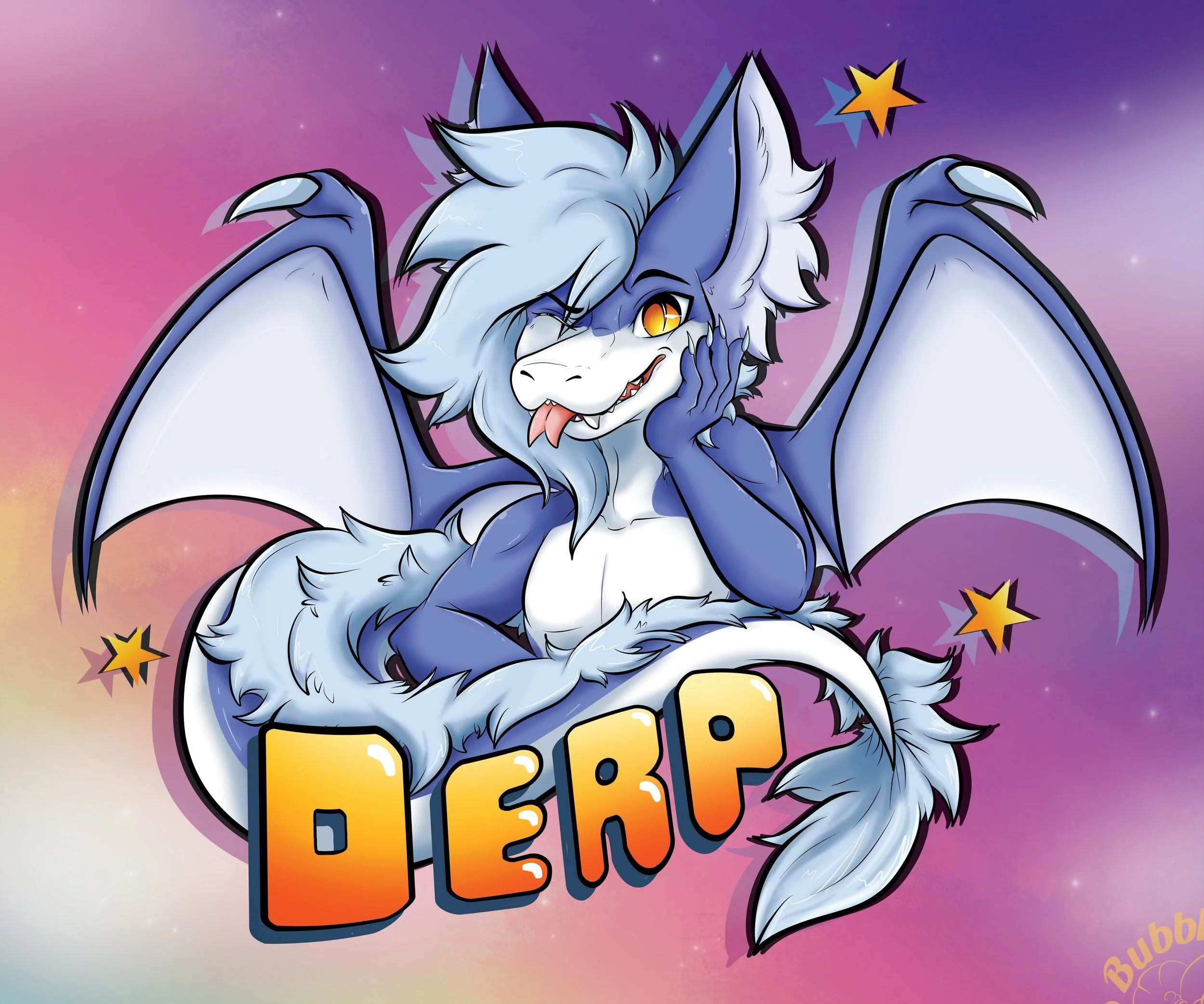 An animated blue and white dragon with orange eyes, sharp teeth, and a playful expression, sitting on a fluffy tail, with the word 'DERP' in colorful letters underneath. The background is a gradient of pink, purple, and yellow with star accents.