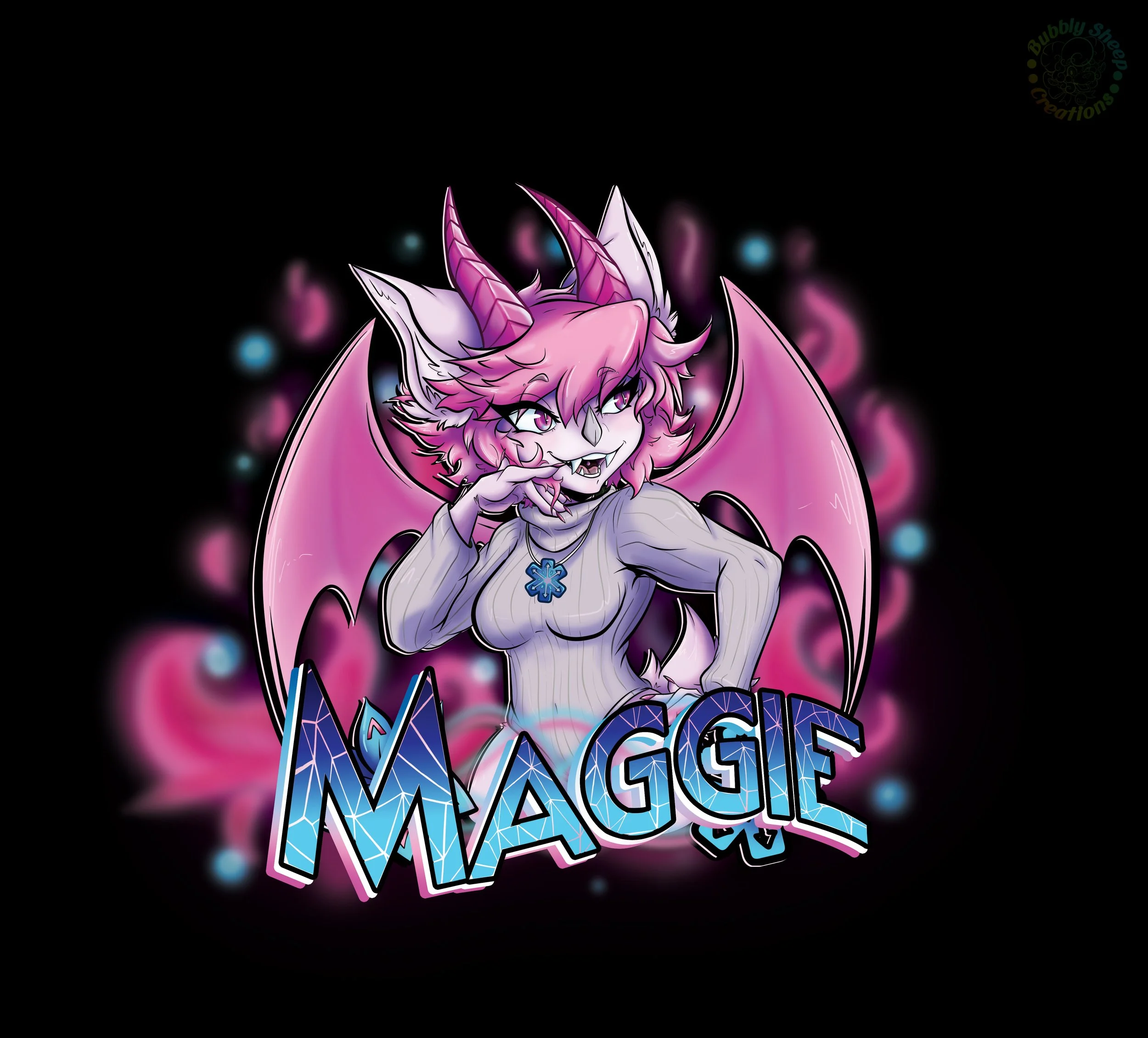 A digital drawing of a mythical creature with pink hair, horns, bat-like wings, and feline features, winking and pointing to her teeth. The name 'Maggie' is written in stylized blue and pink letters at the bottom, with a dark background and colorful,