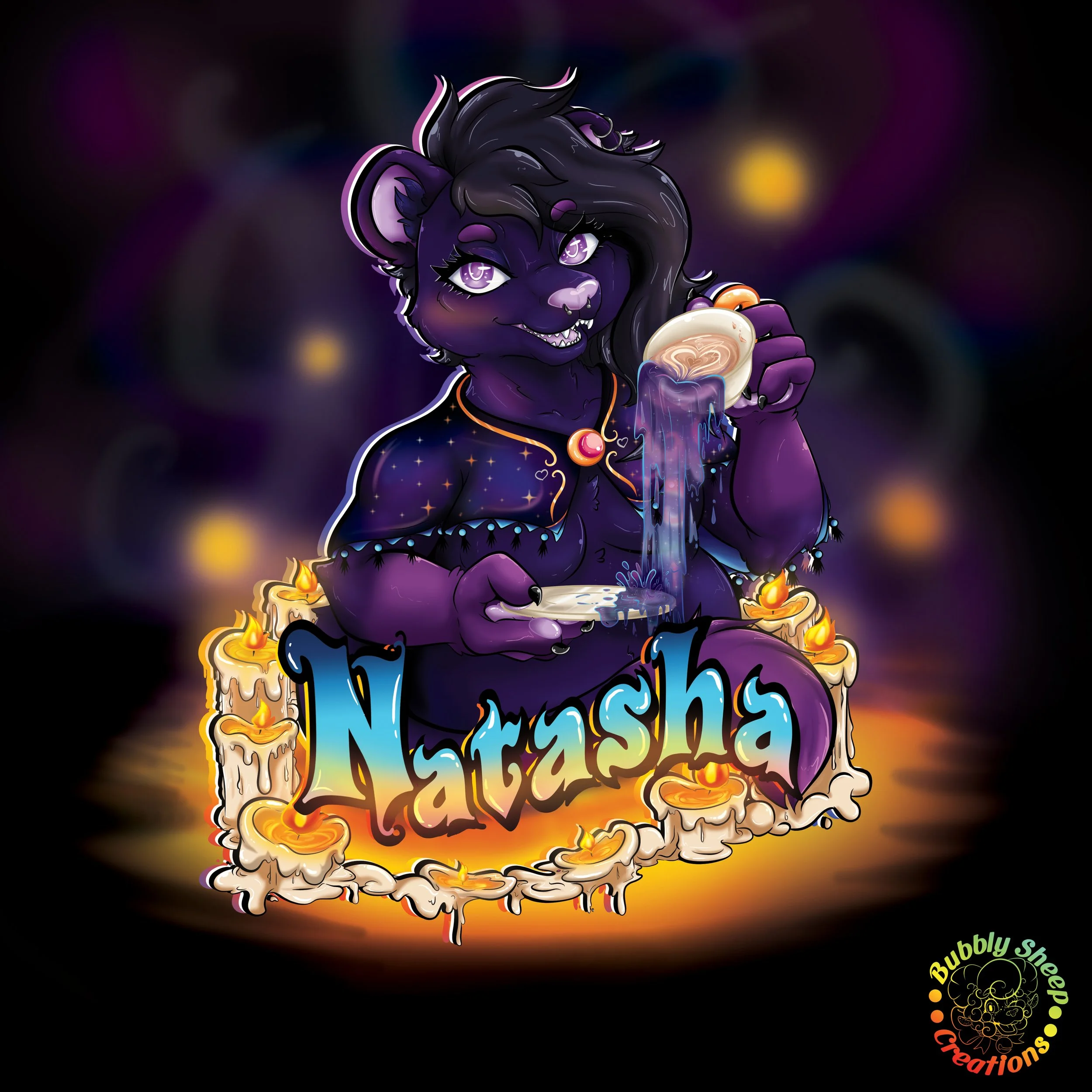 Digital illustration of a purple anthropomorphic feline character with black hair, holding a steaming cup of coffee, surrounded by lit candles and the name 'Natasha' in colorful graffiti-style text. The background is dark with glowing orbs and a smal
