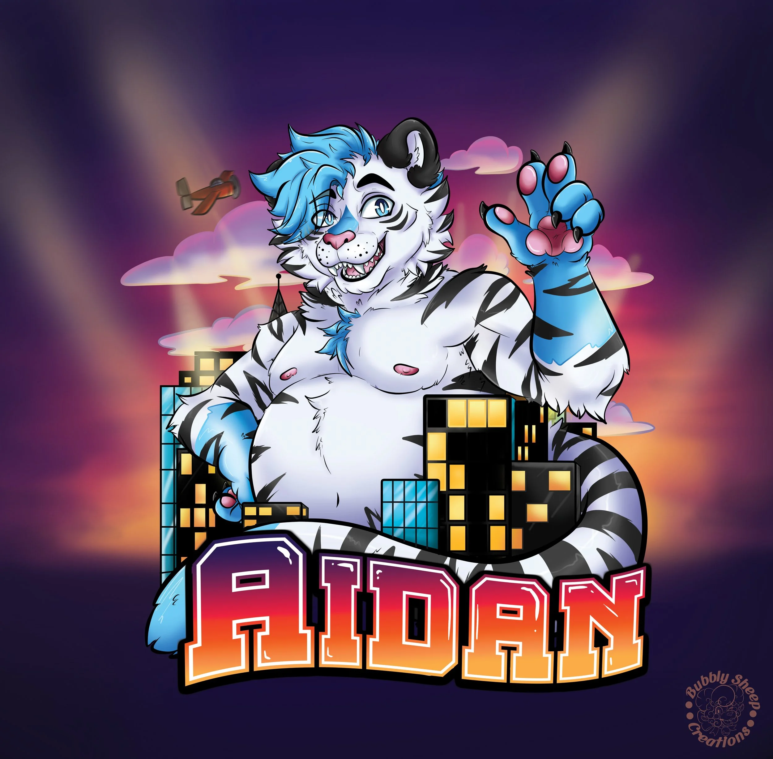 A cartoon anthropomorphic white tiger with blue hair, tattoos, and a playful expression, standing in a cityscape with buildings and clouds at sunset. The tiger is making a clawing gesture and the name 'Aidan' is written in colorful, stylized letters 