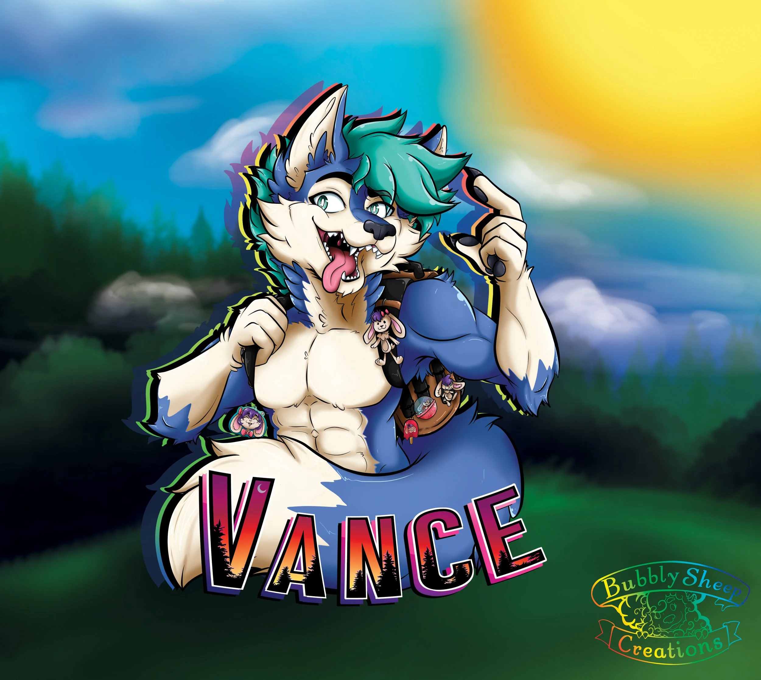 Colorful digital artwork of an anthropomorphic wolf character with teal hair, muscular build, and playful expression, standing outdoors with a sunset sky background. The character has various small plush toy accessories and the name 'VANCE' displayed