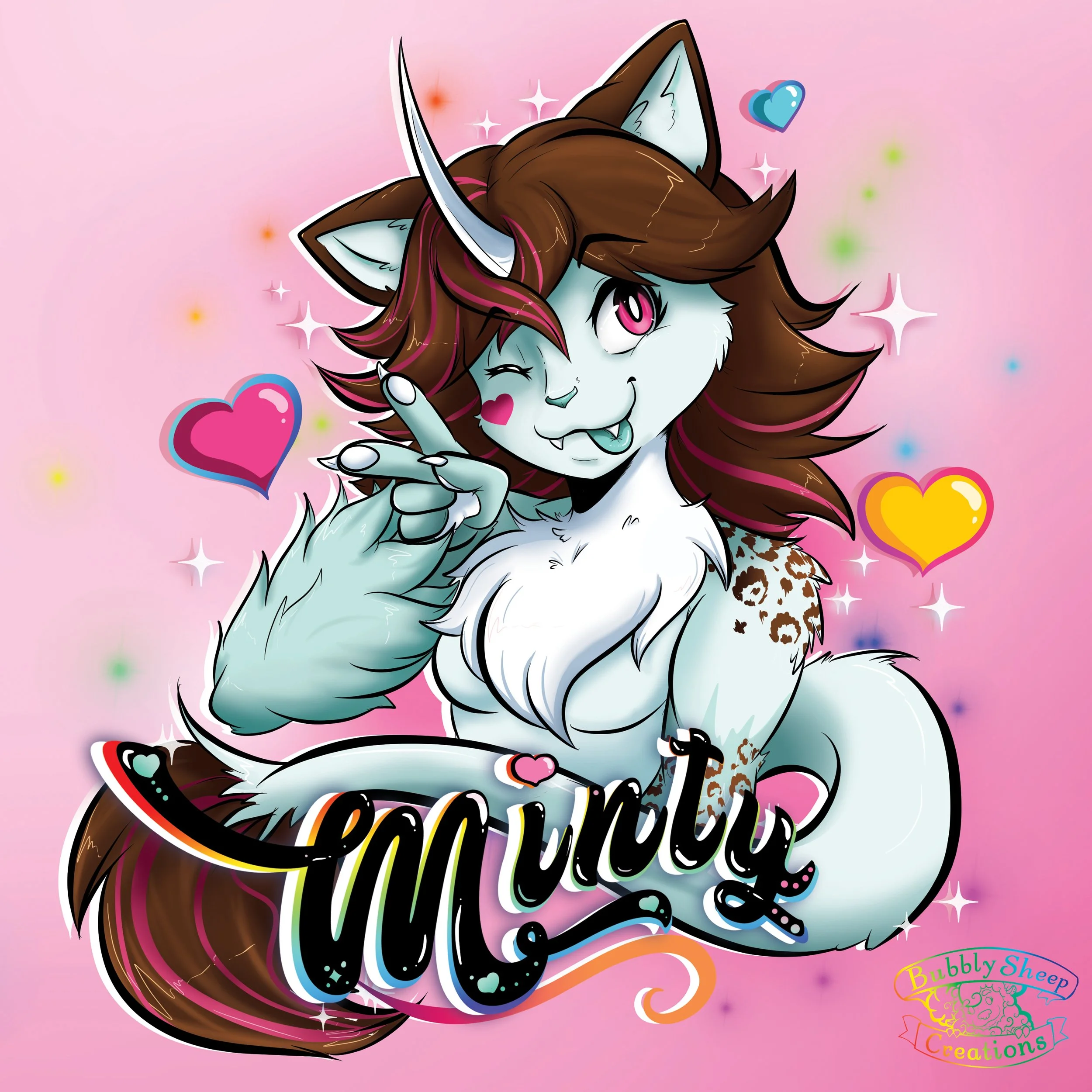 A cartoon female unicorn with brown hair and a white coat, winking and making a finger-gun gesture, surrounded by colorful hearts and sparkles, with the word 'Mumsy' written at the bottom opposite a multicolored logo reading 'Bubbly Sheep Creations'.