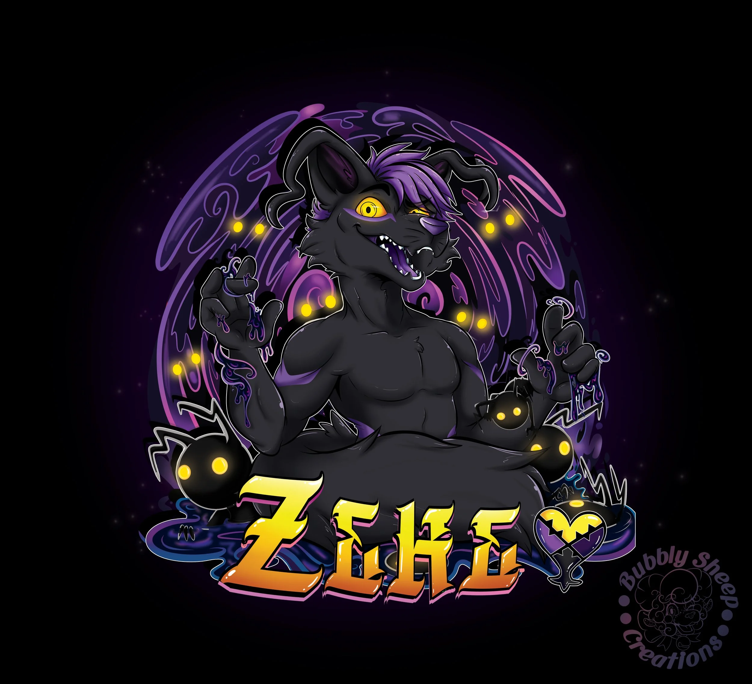 A dark anthropomorphic wolf character with purple hair, glowing yellow eyes, and a mischievous smile, sitting in a mystical setting with glowing black spiders and swirling purple energy in the background. The word 'ZIKE' appears below in colorful let