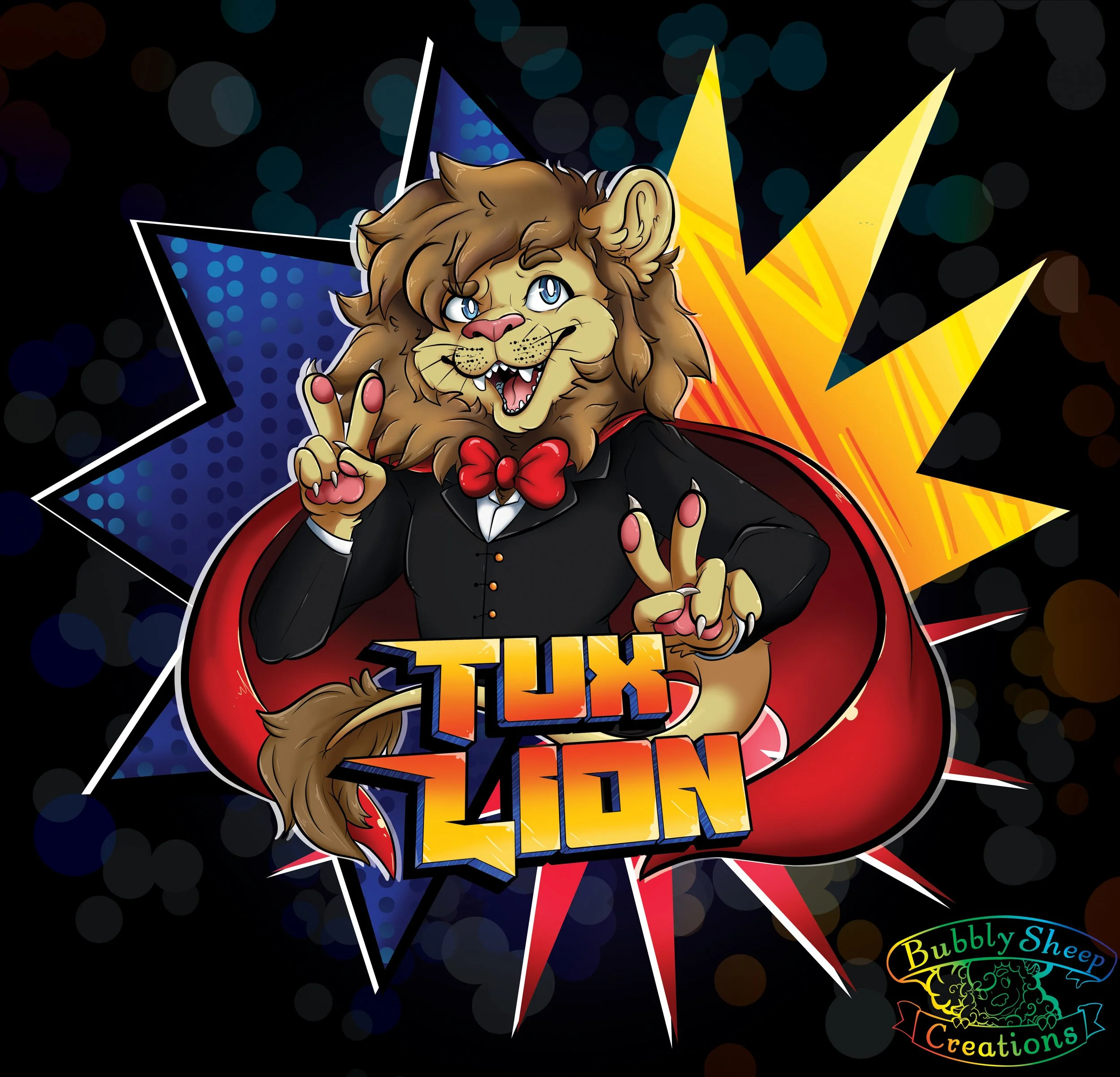 A cartoon lion dressed in a black tuxedo with a red bowtie, showing two peace signs. Behind the lion, colorful starburst background with blue and yellow stars. The text 'TUX LION' is displayed prominently at the bottom, and a small logo reading 'Bubb