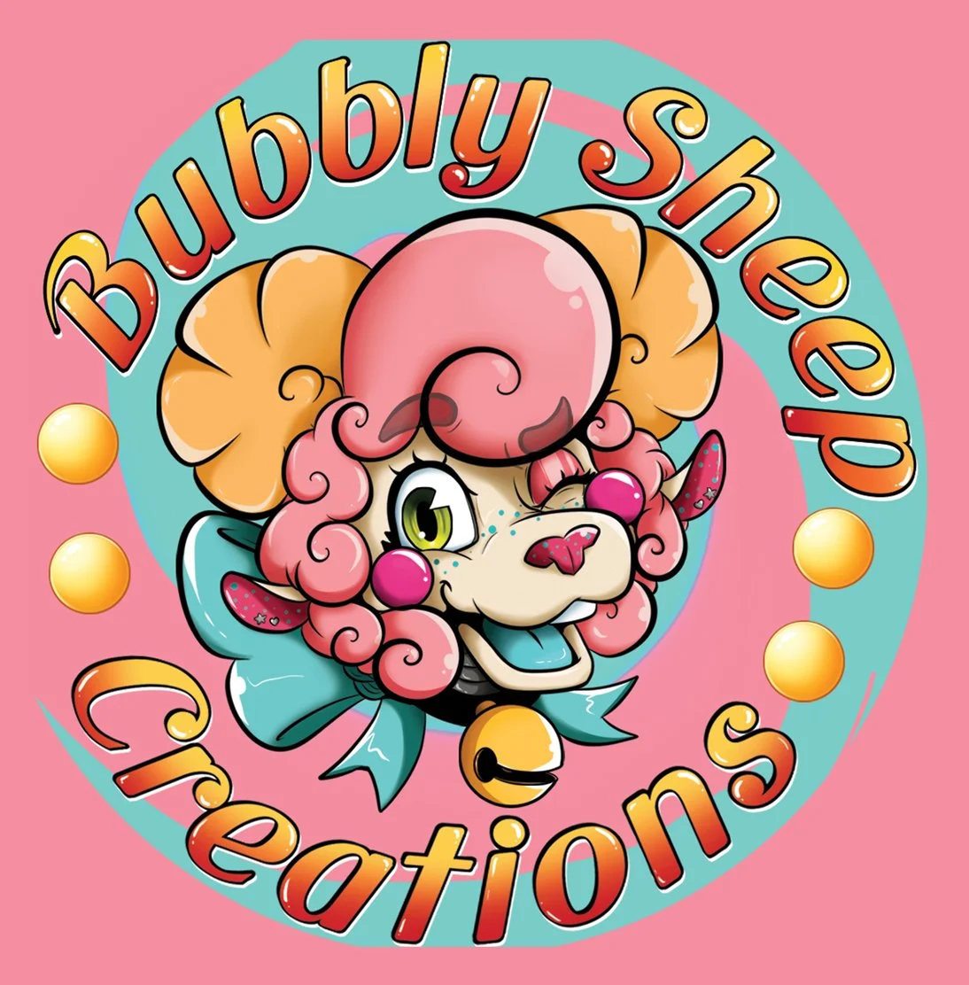A colorful cartoon illustration of an animatronic horned sheep with pink curly fur, big yellow horns, and a playful expression, surrounded by bright yellow and pink bubbles and the words 'Bubby Sheep Creations' in bold, colorful letters.