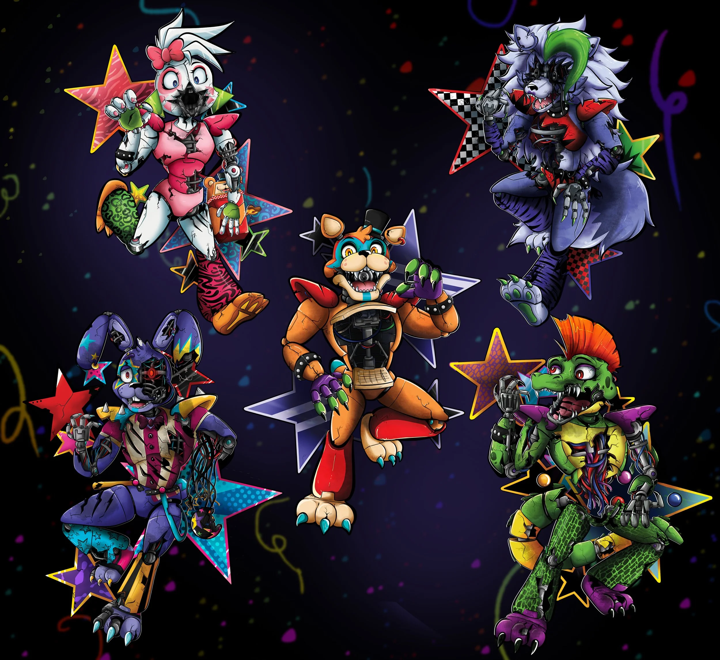 Colorful digital art of five animatronic characters resembling animals dressed in vibrant costumes, against a dark background with neon stars and streamers.