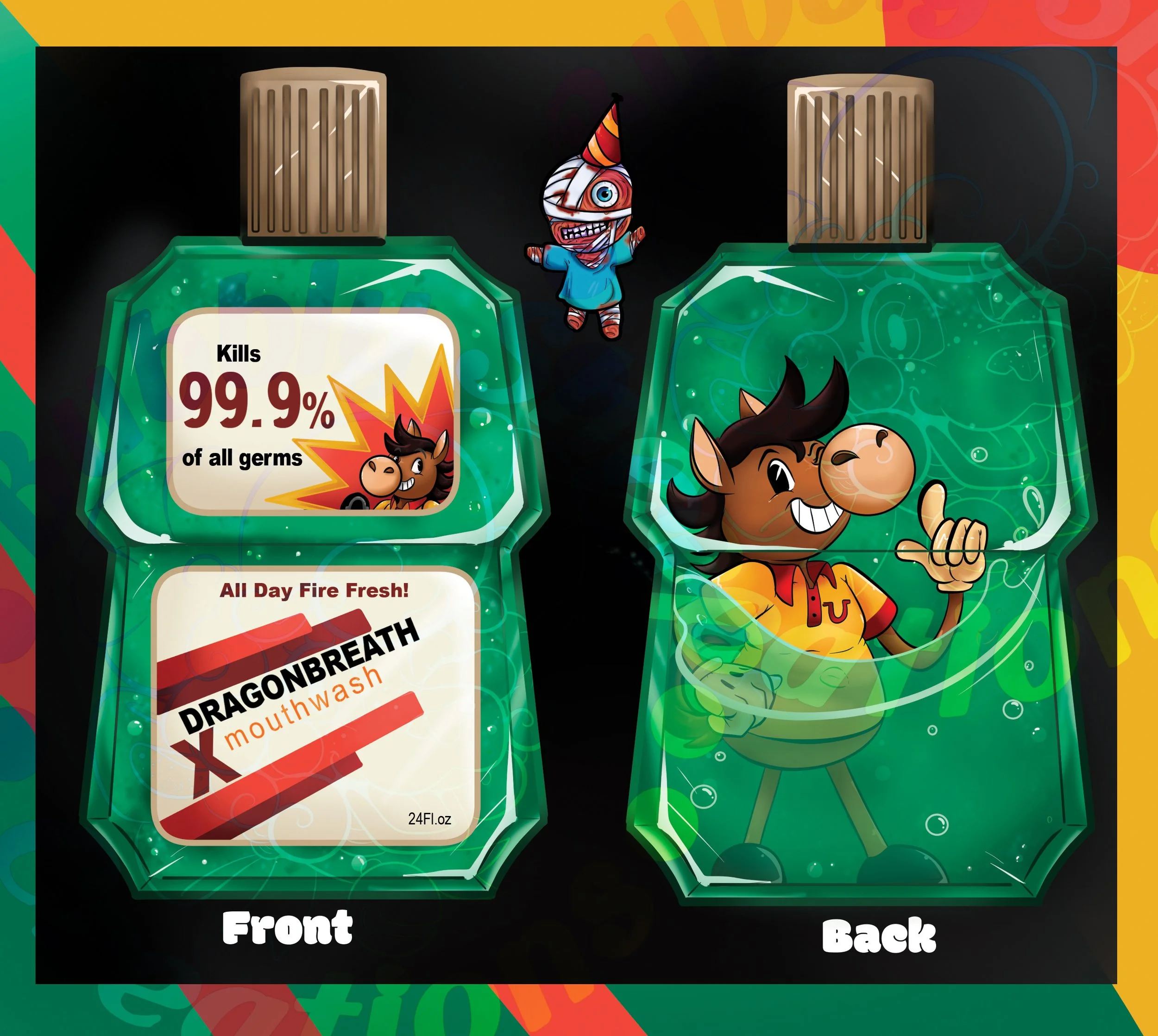 Two green soap bottles with cartoon characters, one with a label stating 99.9% germ kill and the other with a label that says DragonBreath Mouthwash, both placed on a colorful background with a clown in the middle.