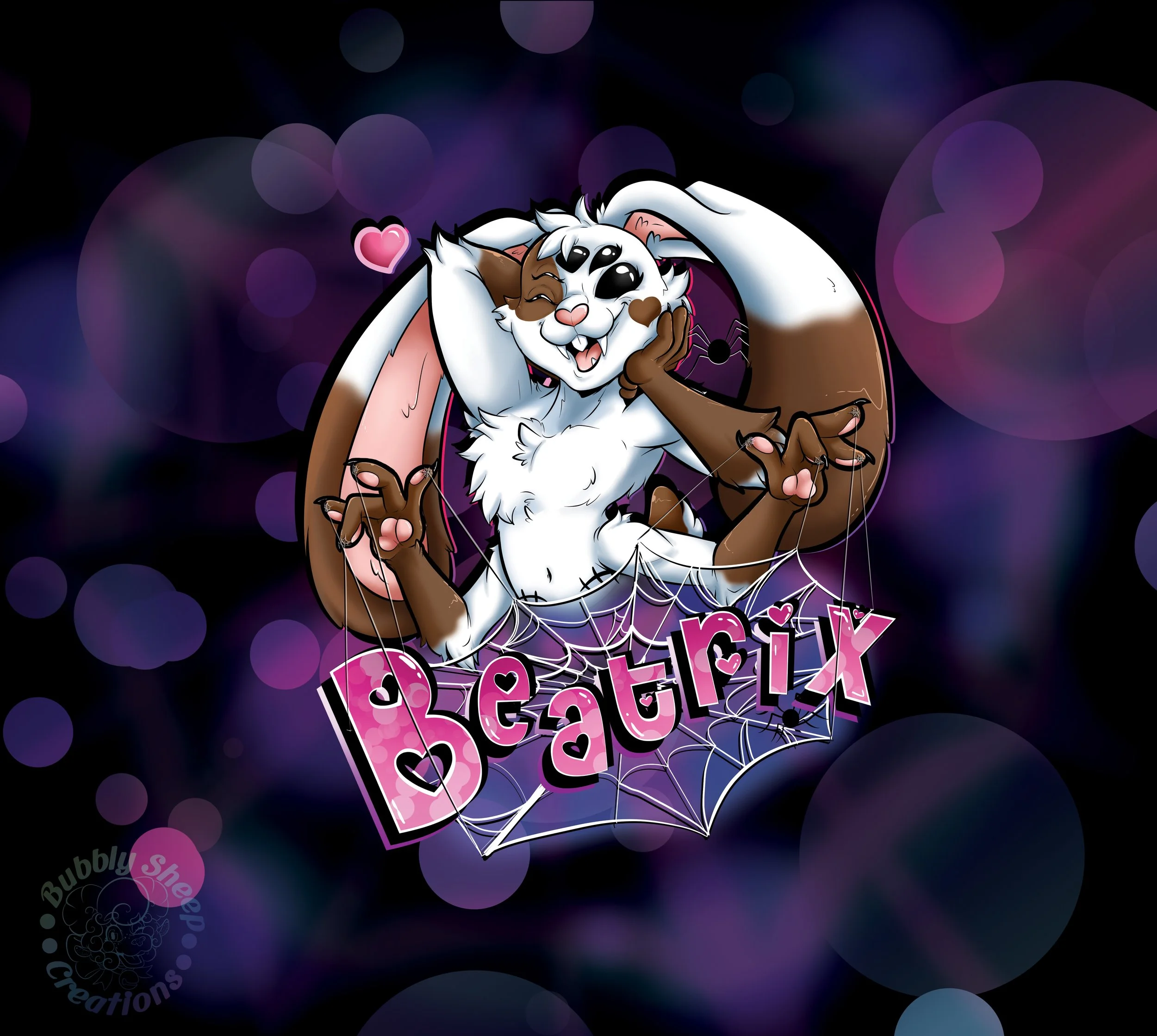Animated illustration of a furry creature resembling a cat or fox with white fur and brown patches, posing with its arms behind its head and smiling. The creature is surrounded by a web and the name 'Beatrix' written in pink, decorated with hearts, a