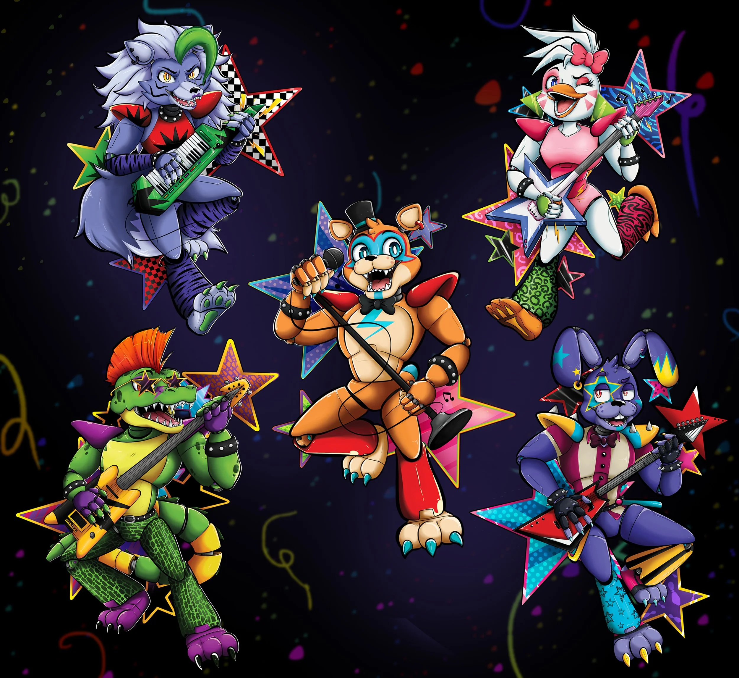 Five colorful, cartoonish anthropomorphic animal characters dressed as rock musicians, playing guitars and singing. They are surrounded by neon stars and a dark, space-like background with splashes of color and confetti.