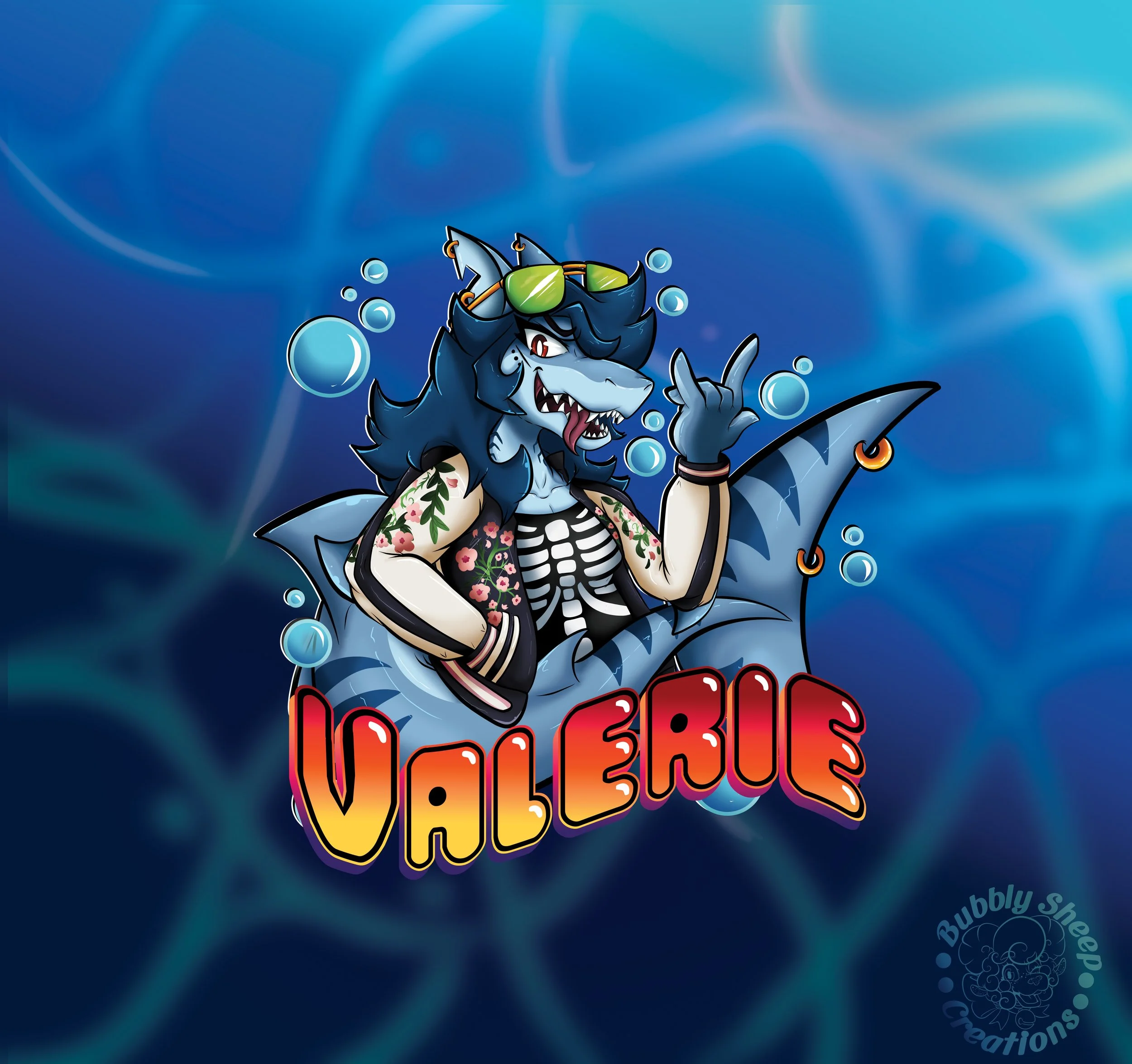 A cartoon shark with blue hair, sunglasses, tattoos, and a bicep tattoo, wearing a black and white striped shirt, swimming underwater with a fish hook attached to its dorsal fin, and making a rock on gesture. The word 'Valerie' appears in colorful, g