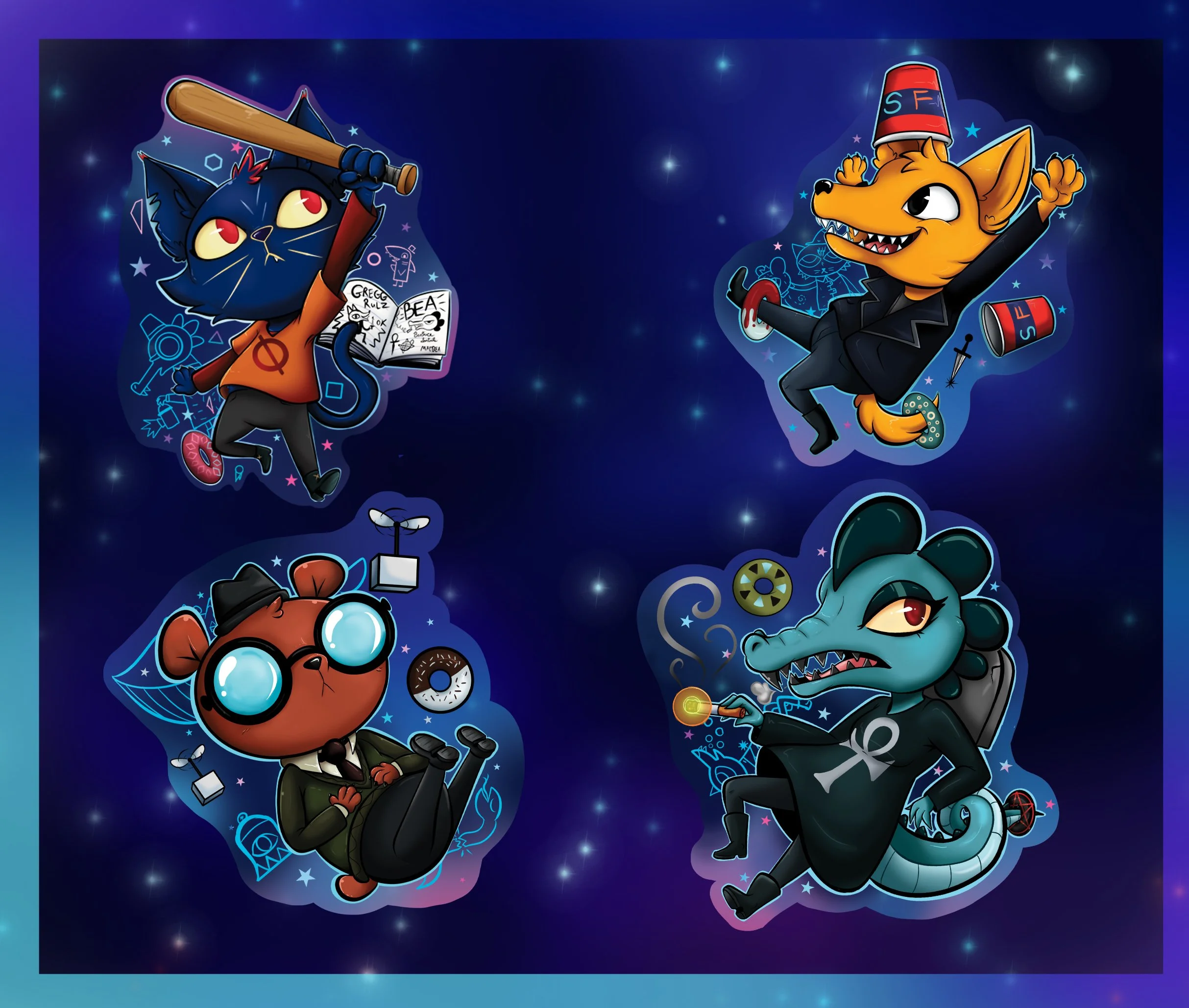Four cartoon animal characters in a space-themed setting, each with unique accessories and expressions.