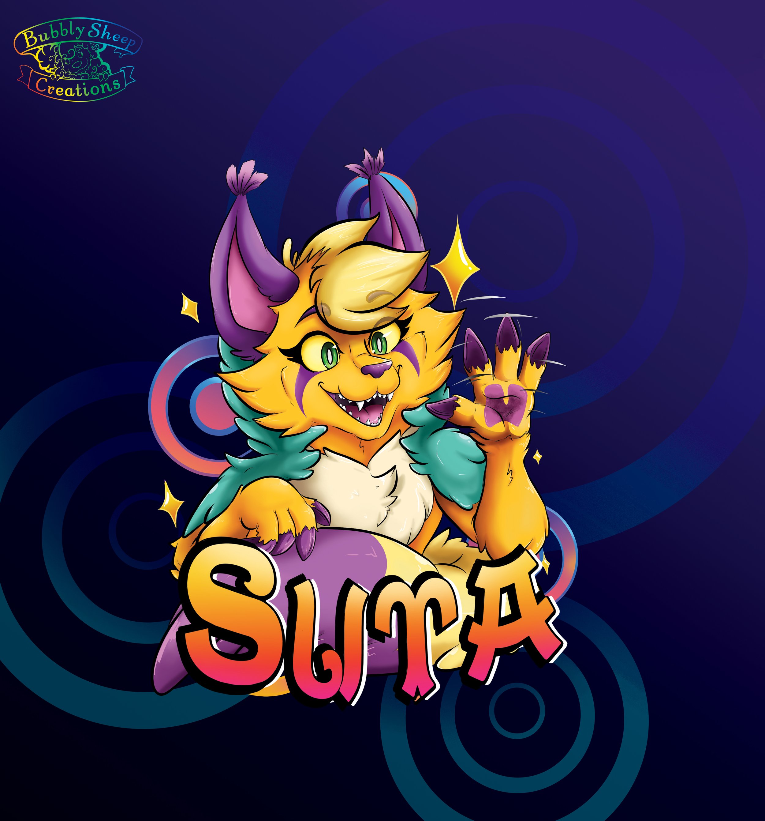 A colorful cartoon feline character with purple horns and green eyes, making a peace sign with its paw, surrounded by sparkles. The background features blue and purple concentric circles. The character's name, Sula, is displayed in bold, stylized let
