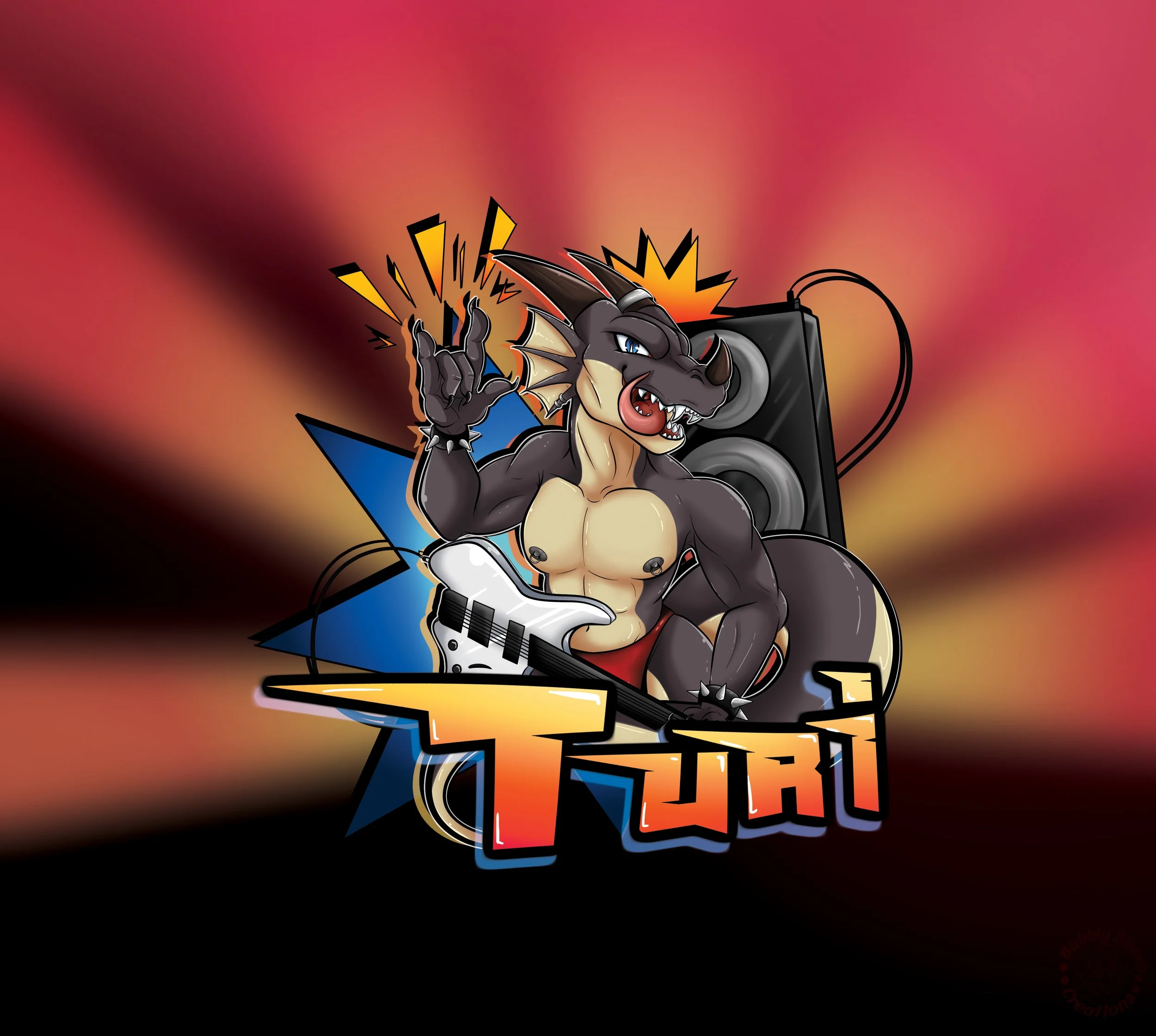 An animated anthropomorphic dragon character playing an electric guitar with a speaker in the background and the word 'TON' in stylized letters at the bottom.