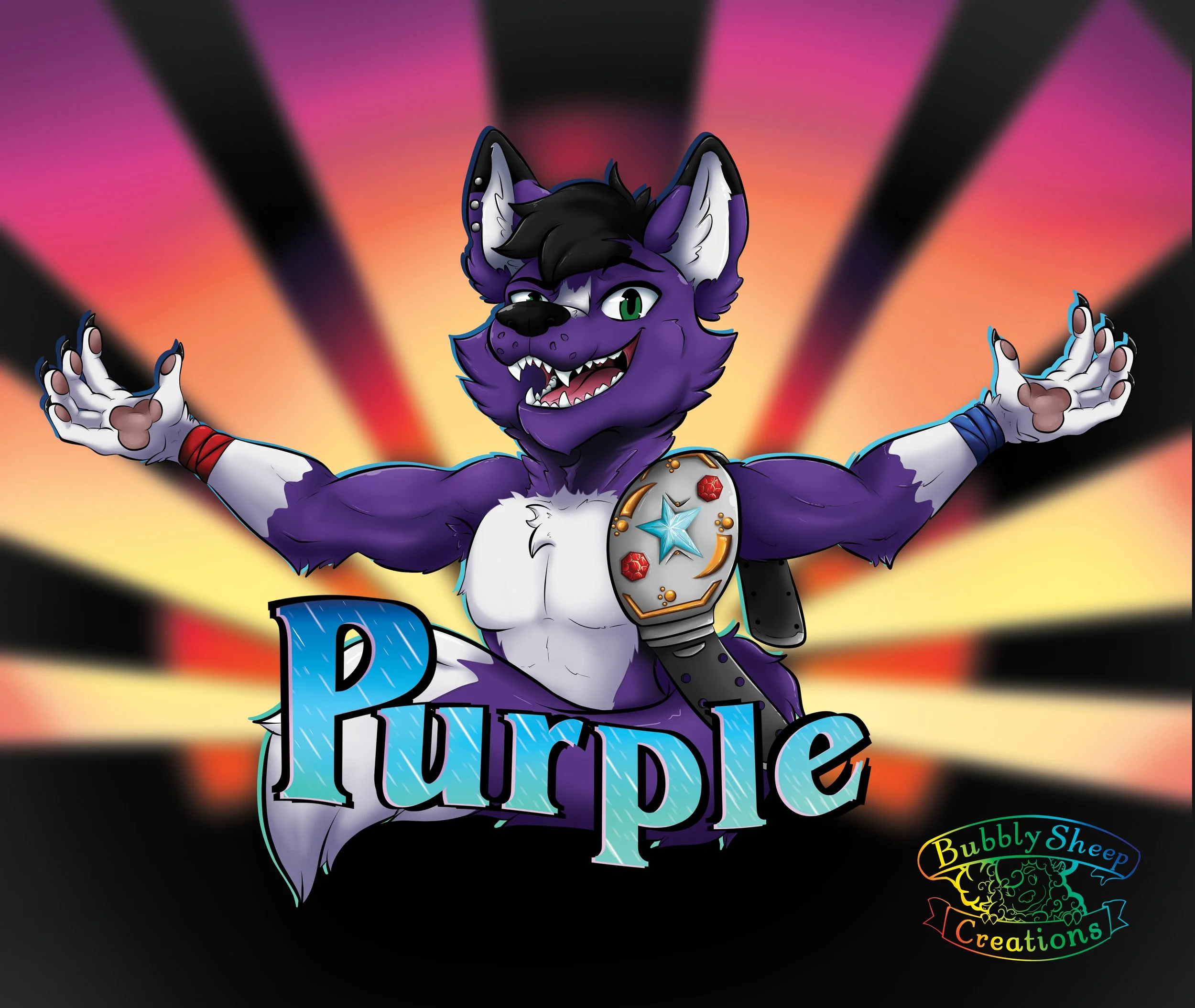 A cartoon purple anthropomorphic wolf with a muscular build, black hair, and green eyes, wearing a championship belt with a star and red gems, posing with arms outstretched in front of a colorful, radiating background. The word 'Purple' is in large b