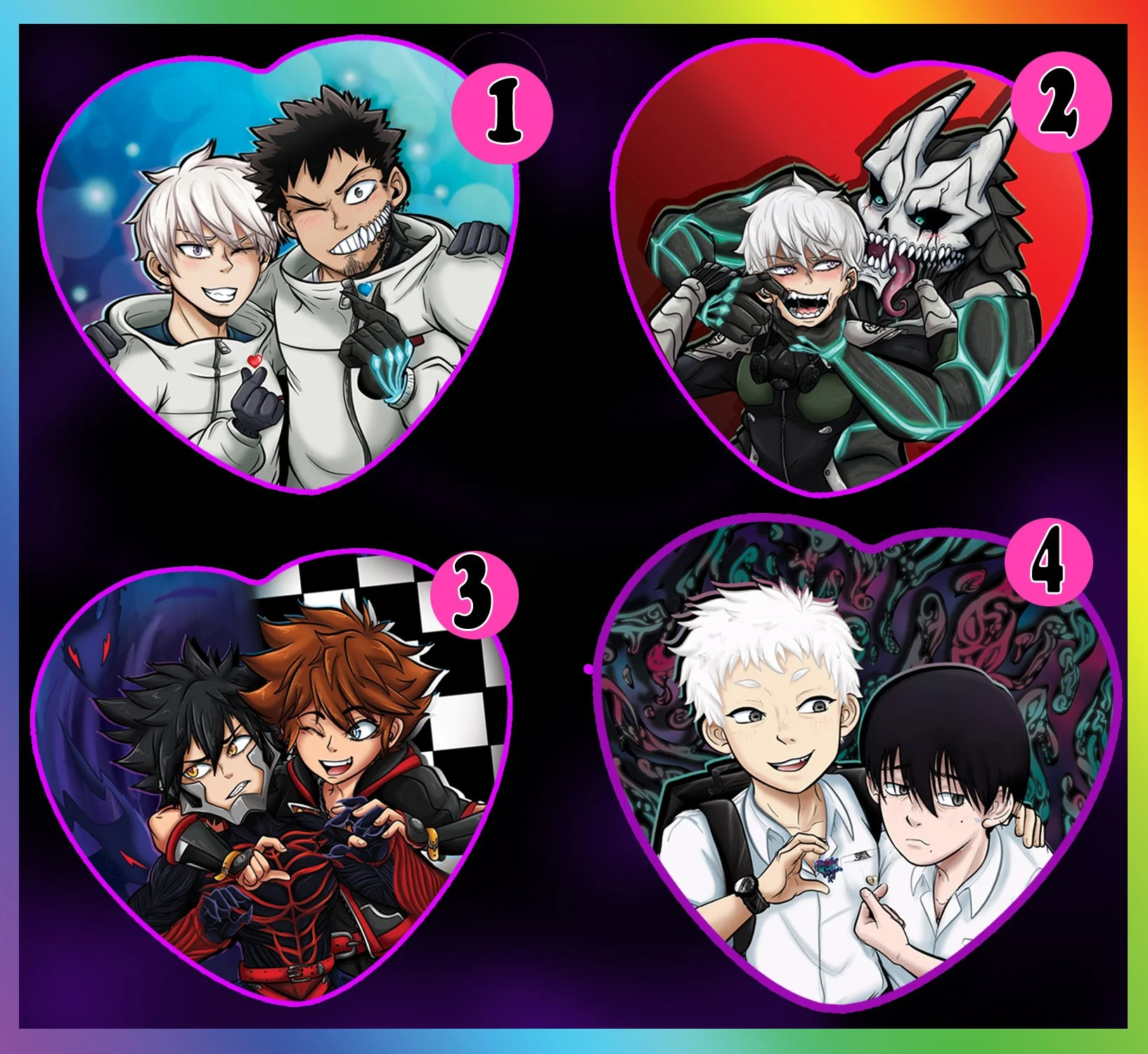 Top Tire Monster Ships Heart Buttons: Kaiju, Darkness, Summertime.