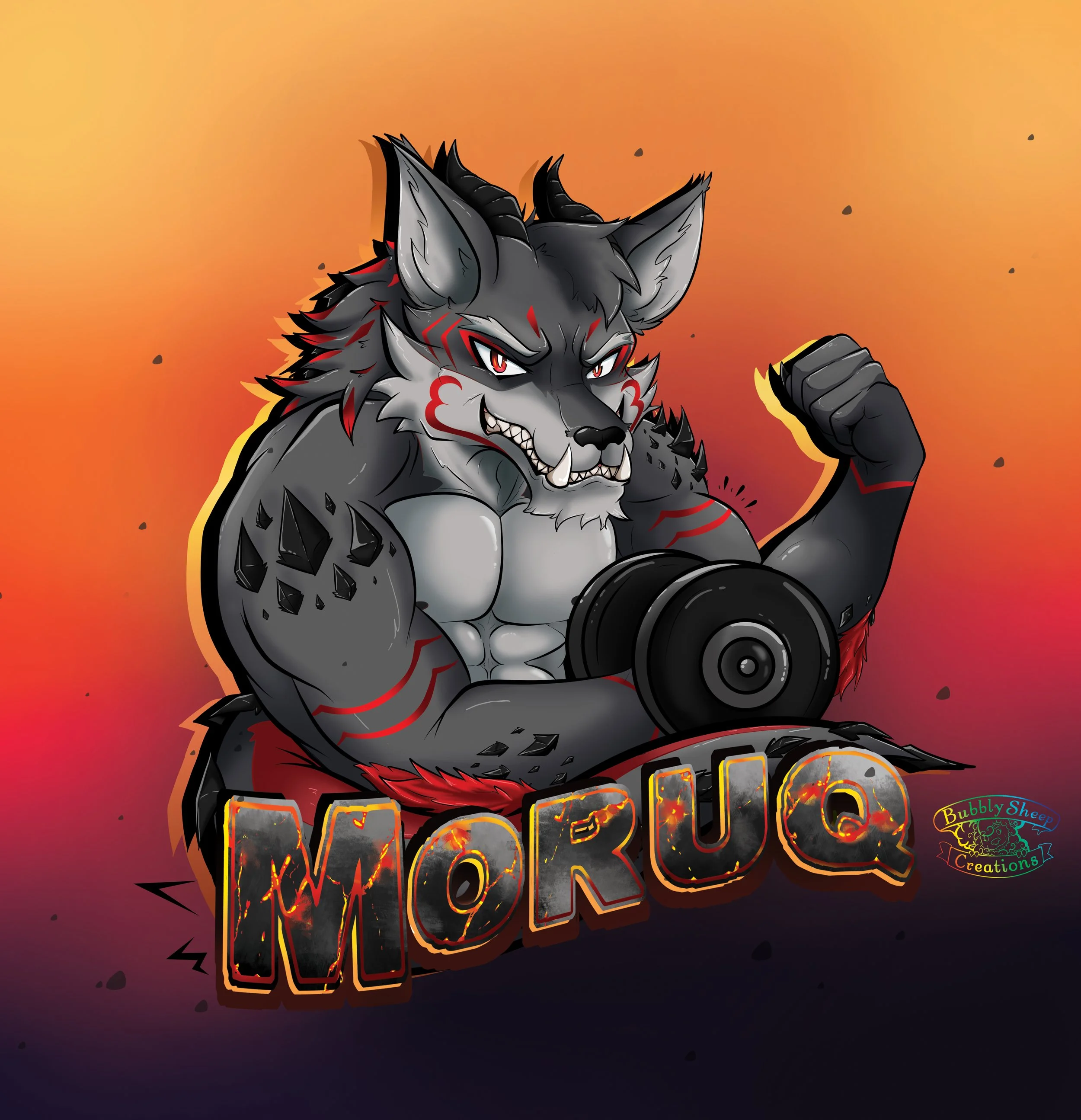 Illustration of a muscular, fierce wolf with black and gray fur, red markings, and sharp teeth, lifting a dumbbell, with the text 'MORUQ' in fiery letters below, set against a fiery orange background.