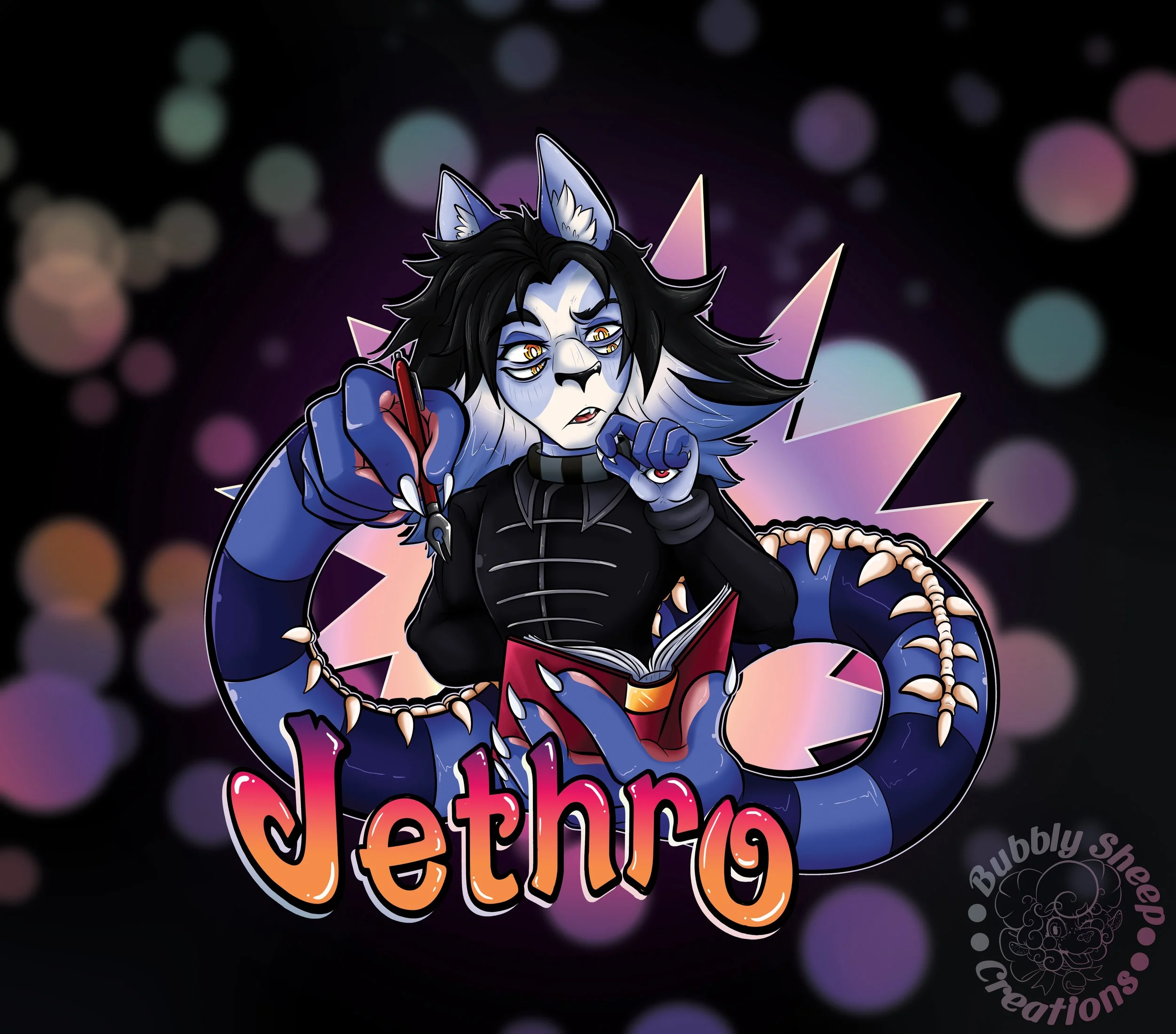 Digital illustration of a feline character with blue and white fur, long black hair, and yellow eyes, wearing a black outfit with a high collar, holding a red book and a quill pen. The character has a long, segmented tail with claws, and is surrounde