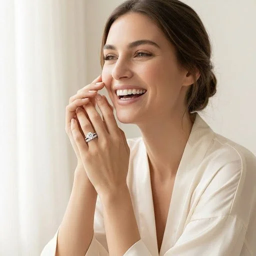 A smiling woman clasps her hands, showing a bold diamond wedding ring from Hourglass Diamonds.