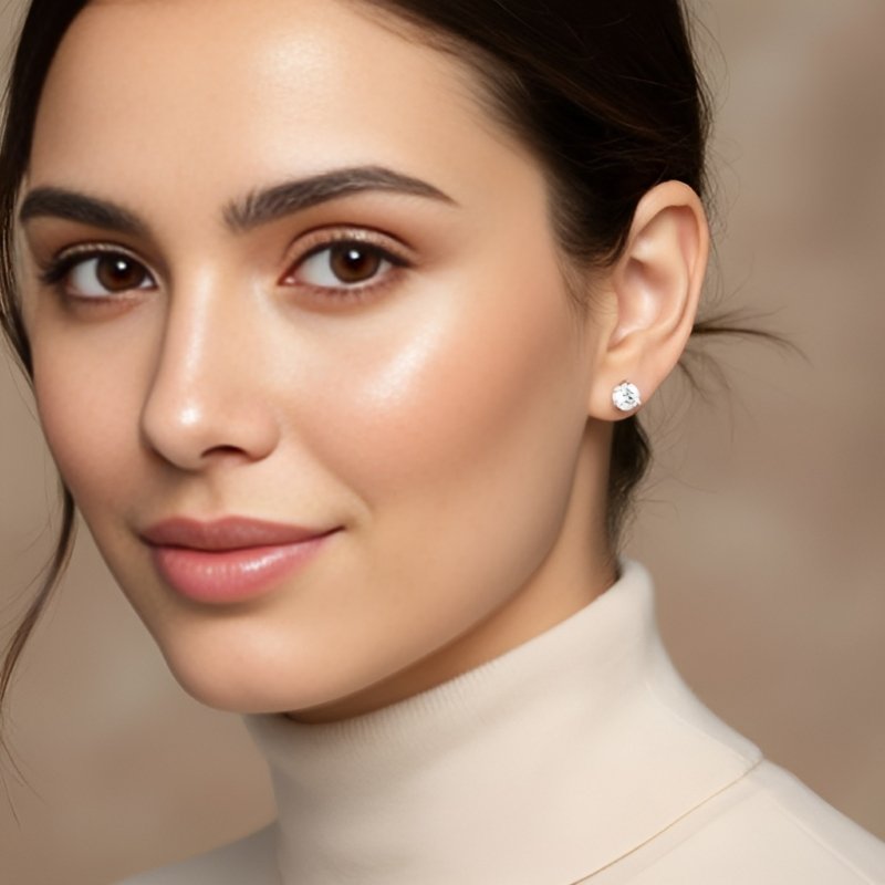 A woman wears sparkling stud earrings that add a refined glow from Hourglass Diamonds.