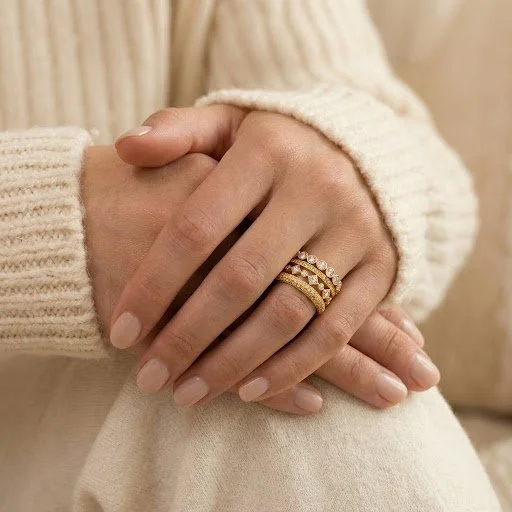 Hands rest gently together, highlighting stacked gold diamond wedding bands from Hourglass Diamonds.